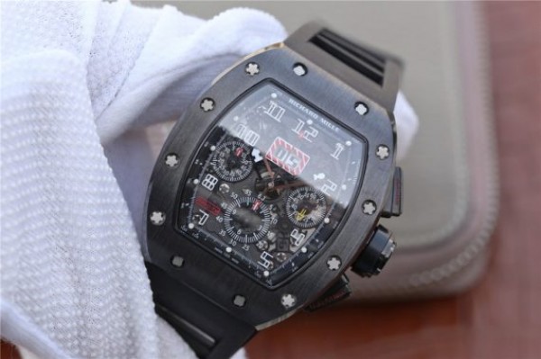 Replica Richard Mille RM011 Black Ceramic PVD Chrono Skeleton Dial Black Rubber Strap A7750 - Elite Watch Atelier