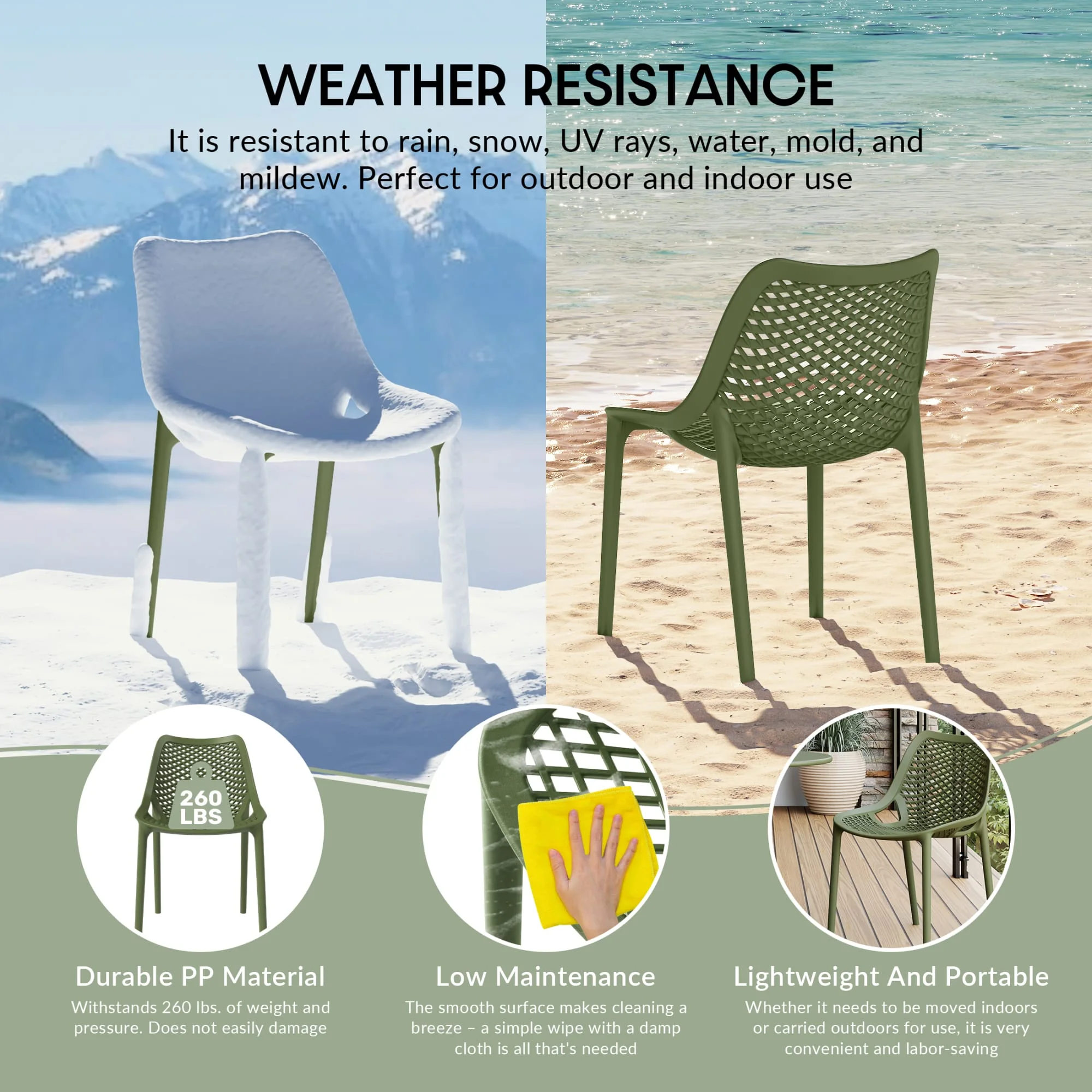 WestinTrends Playa 3-Piece Outdoor Round Metal Dining Table Set And Stackable Resin Patio Dining Side Chairs, Olive Green - Image 6