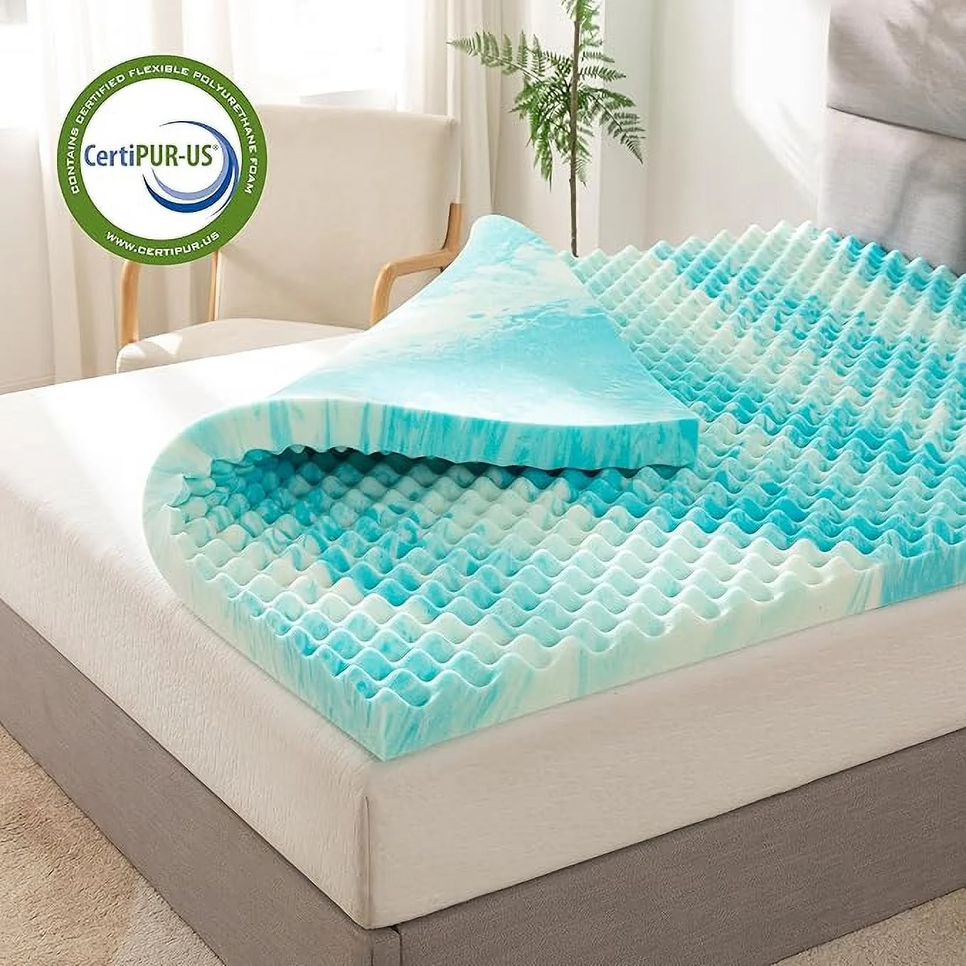 Mocassi Gel-Infused Memory Foam Mattress Topper, 3 Inch, Cooling Mattress Pad with Airflow Support for Pressure Relief - Blue Swirl, King Size