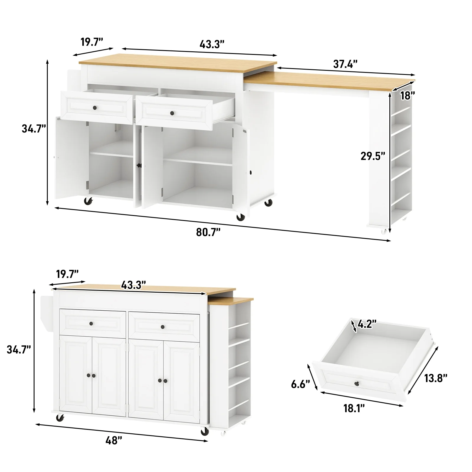 ANPOO Large Kitchen Island with Extendable Dining Table and Power Outlet, Rolling Kitchen Island Cart on Wheels with 2 Storage Cabinets & 2 Drawers & 3 Spice Racks, Island Table for Kitchen - Image 14