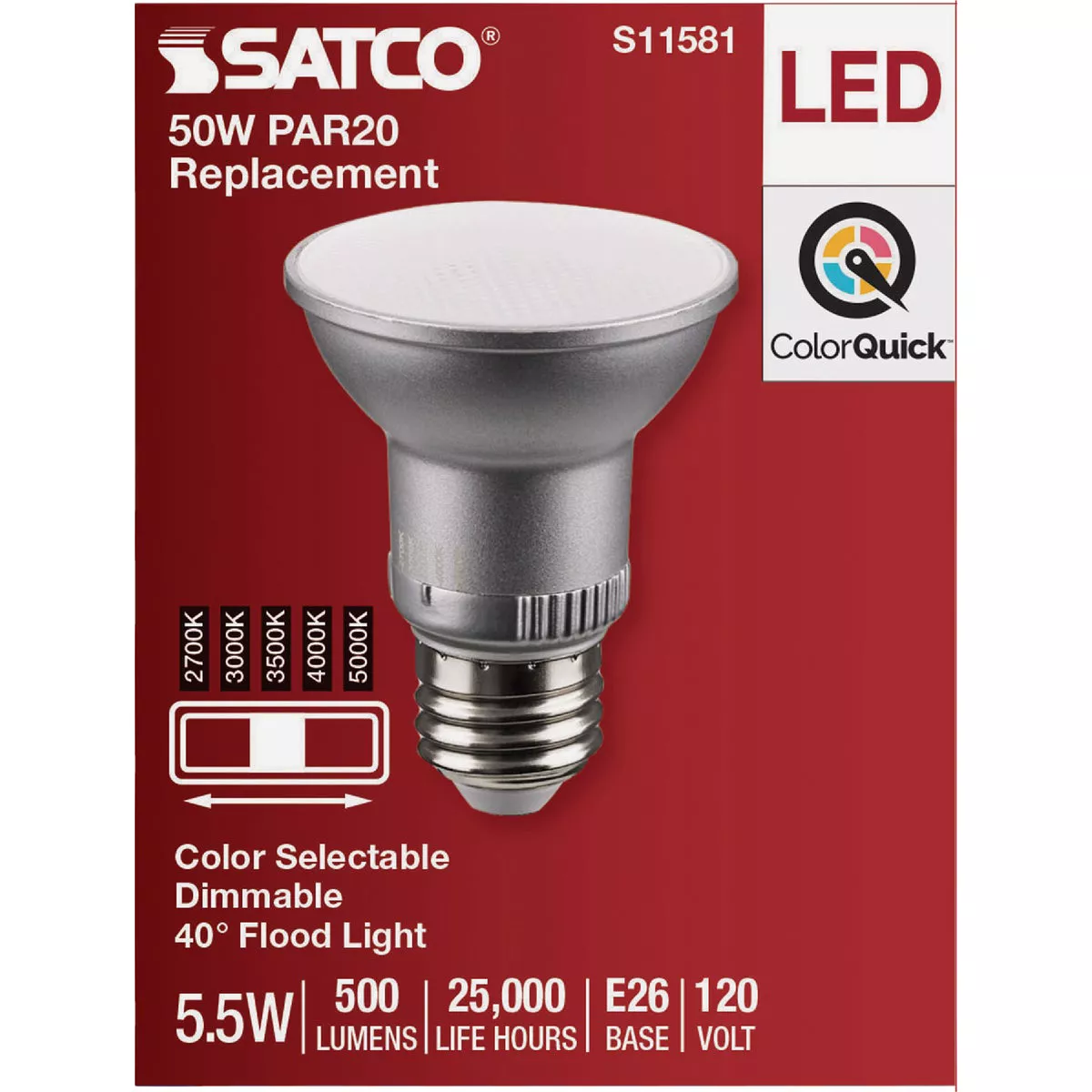 Satco 50W Equivalent 5CCT-Selectable PAR20 Medium Dimmable LED Floodlight Bulb