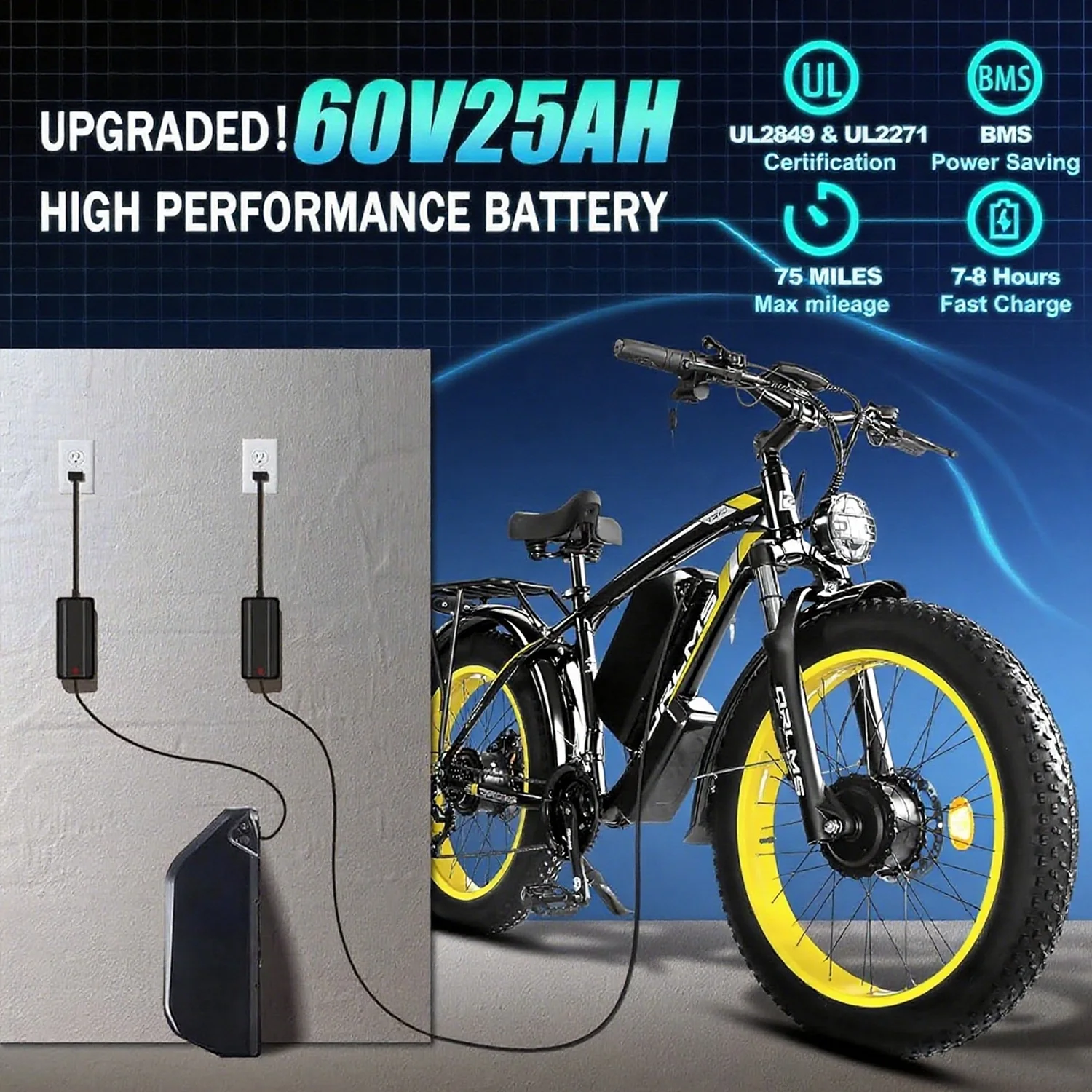 5000w Peak Dual Motor Electric Bike, 26" Fat Tire Shimano 21 Speed 45 MPH Commuter Mtb, 60V 25AH Front Suspension Ebike - Image 12