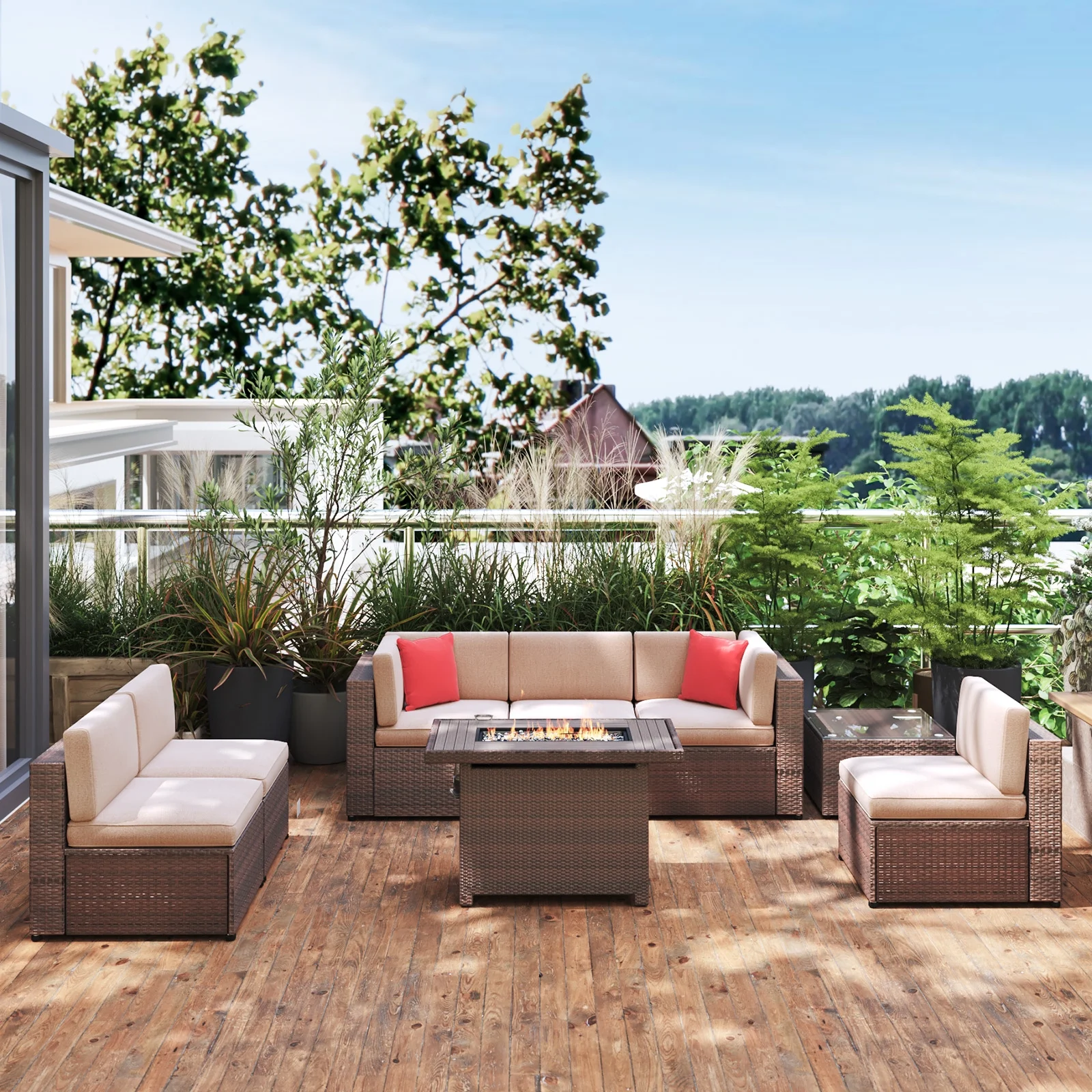 Sunmthink 8 Pcs Patio Furniture Sets with Fire Pit Table,Patio Conversation Sets,Brown