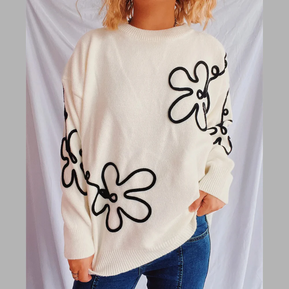 Classic Flower Round Neck Long Sleeve Sweater - ZKZOOK