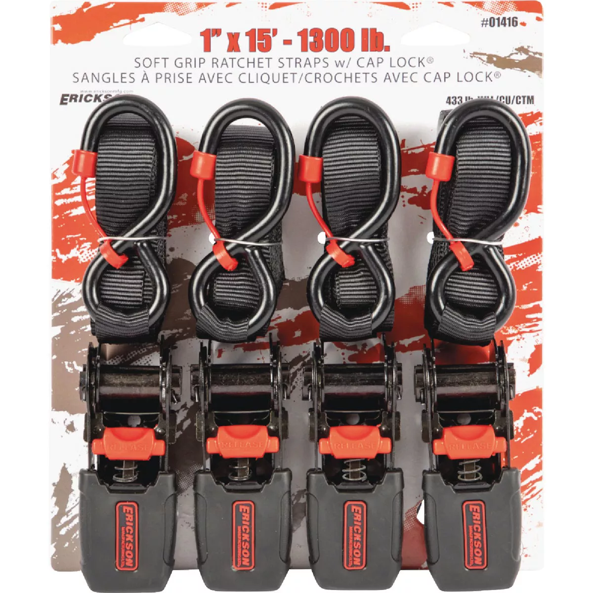 Erickson 1 In. x 15 Ft. 1300 Lb. Soft Grip Ratchet Tie-Down with Cap Locks (4-Pack)