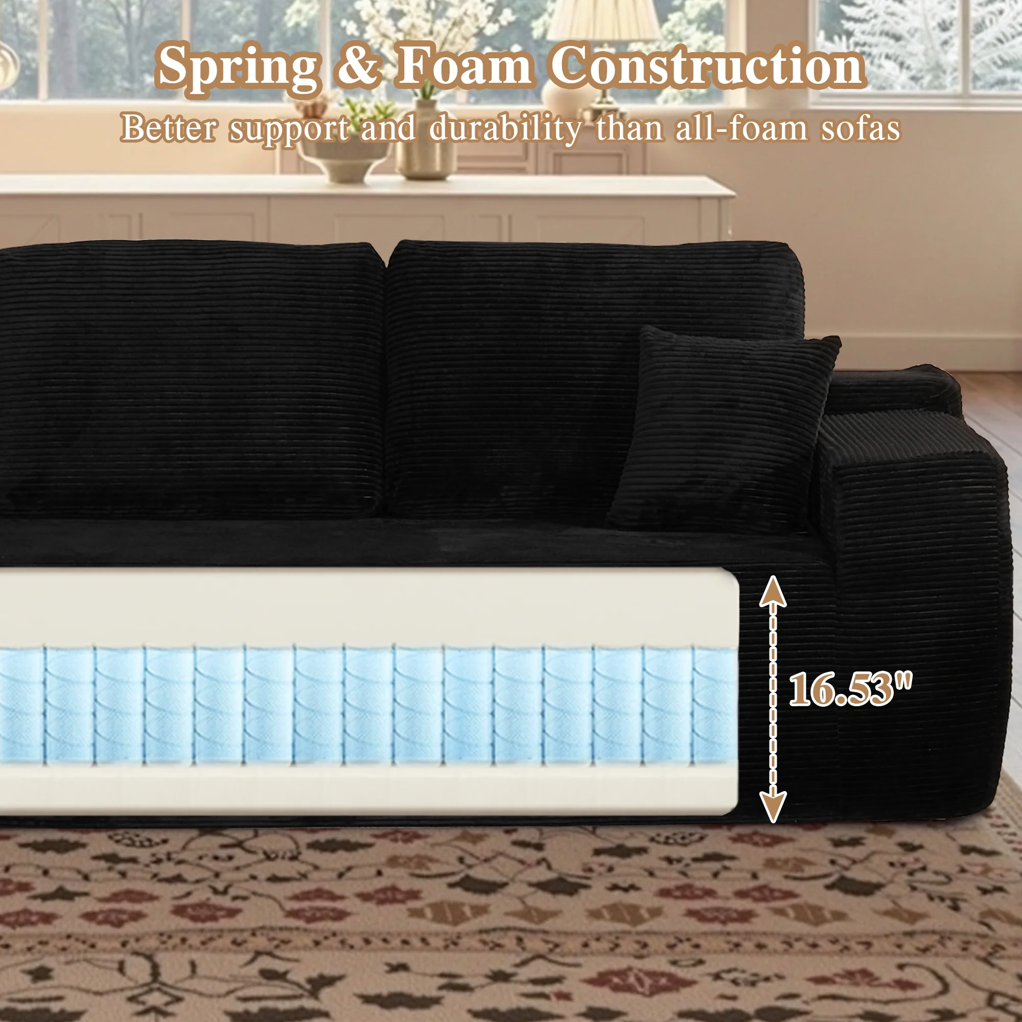 Ovios 106" L-Shaped Sectional Sofa Modern Modular Cloud Couch with Deep Seating Upholstered Sofa for Living Room Bedroom, No Assembly Required, Black(Corduroy) - Image 2
