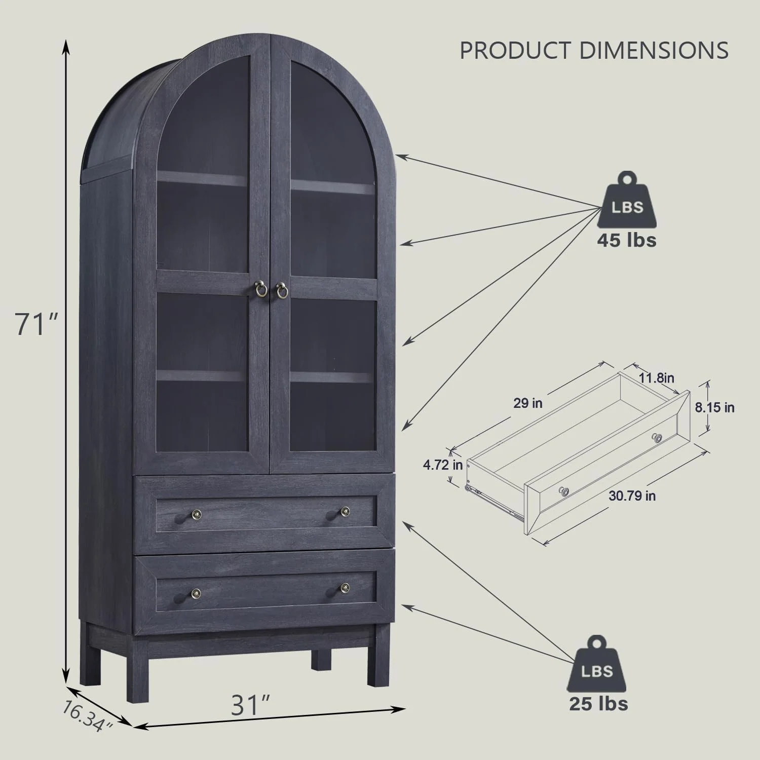 IFGET 71-Inch Arched 4-Tier Bookcase with Glass Doors and Drawers - Image 48