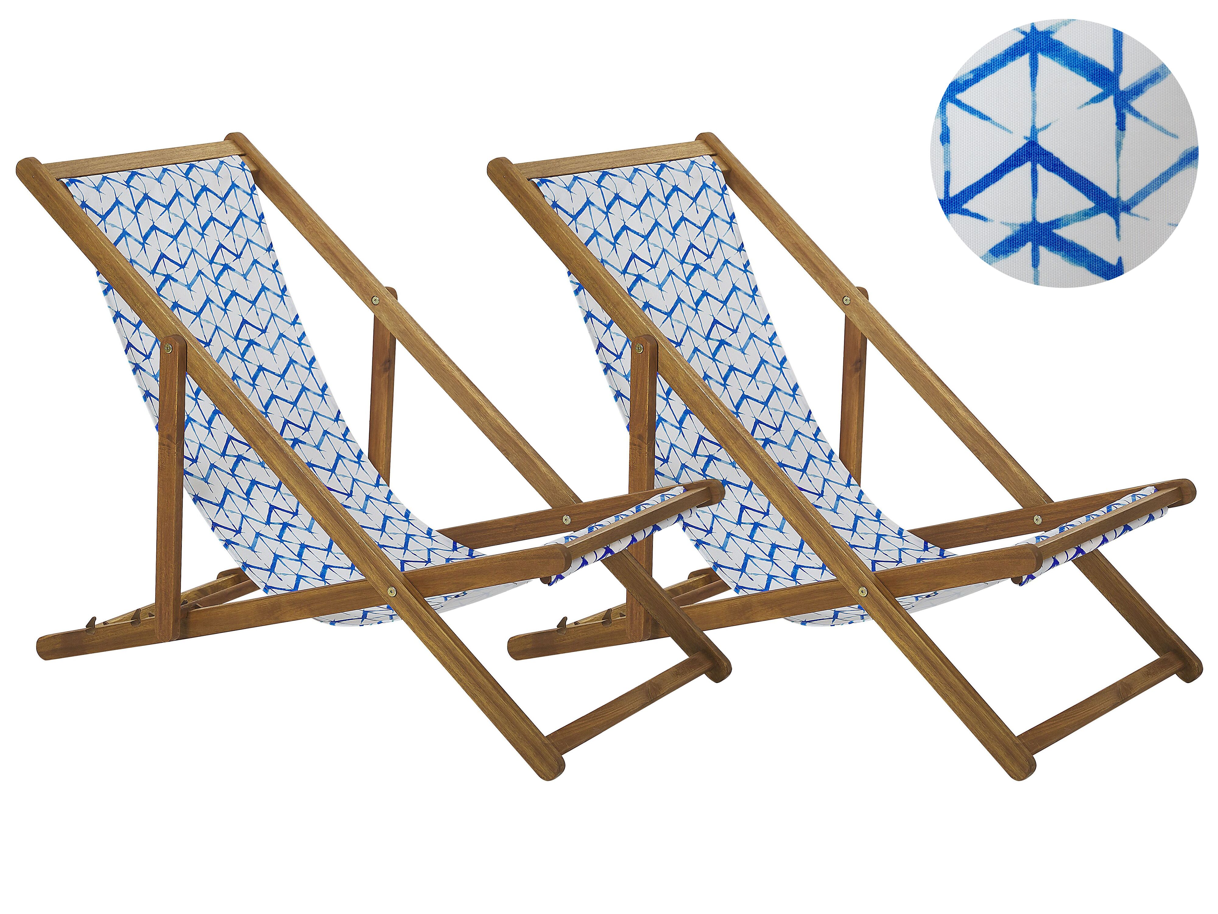 Set of 2 Folding Deck Chairs ANZIO with Replacement Fabrics Abstract Motif Acacia Wood Light Brown