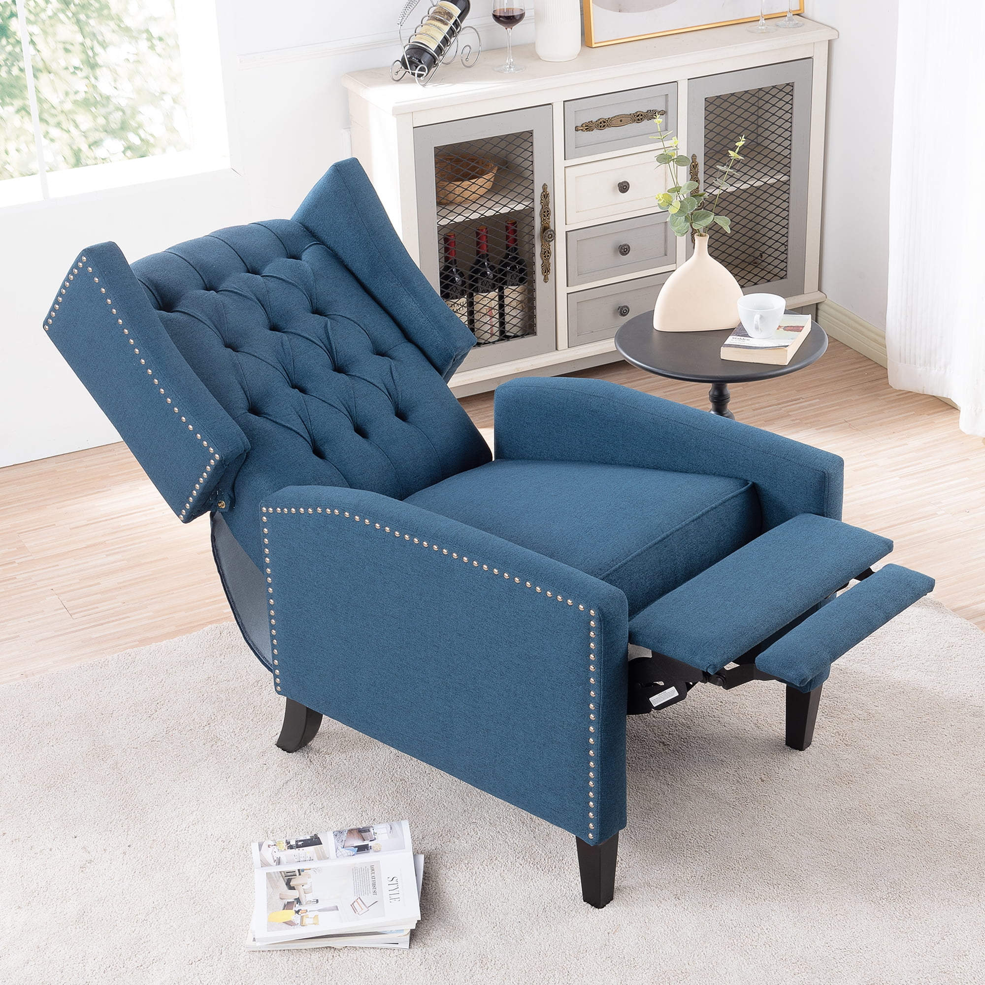 Recliner Chair, Living Room Chairs with Arms, Adjustable Single Reclining Sofa, Home Theater Seating Arm Chair with Thick Padded Seat, Footrest, Lounge Chair for Bedroom, Blue