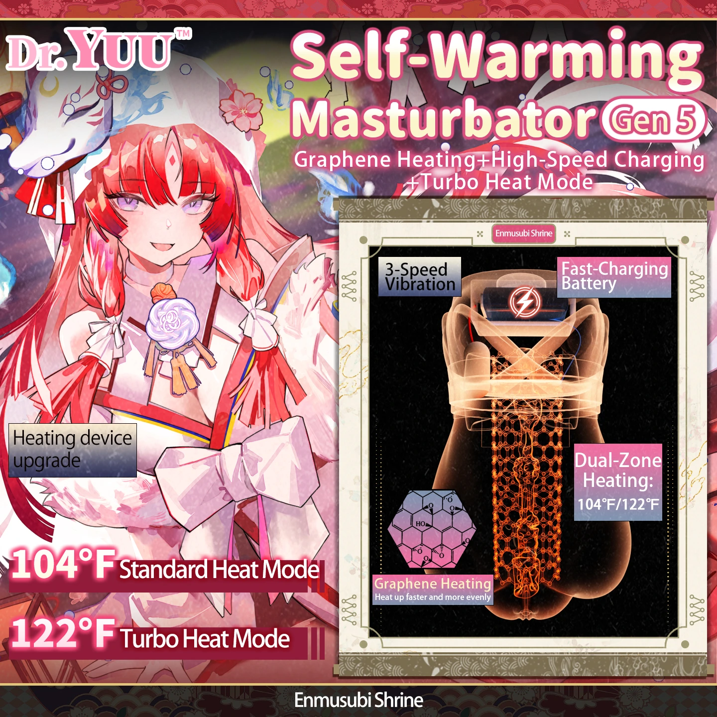 Front view of the 5th generation Dr.YUU heated pocket pussy and soft waifu sex toy.