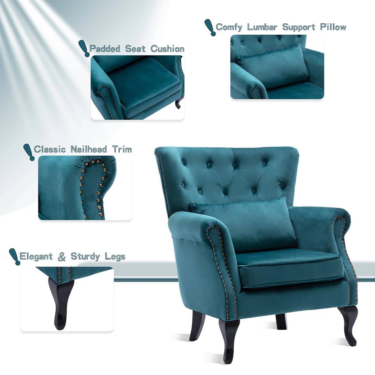 Guyou Mid Century Accent Chair Modern Button Tufted Armchair Wingback Club Chair Velvet Single Sofa Lounge Chair with Pillow for Living Room Bedroom, Teal Blue - Image 9