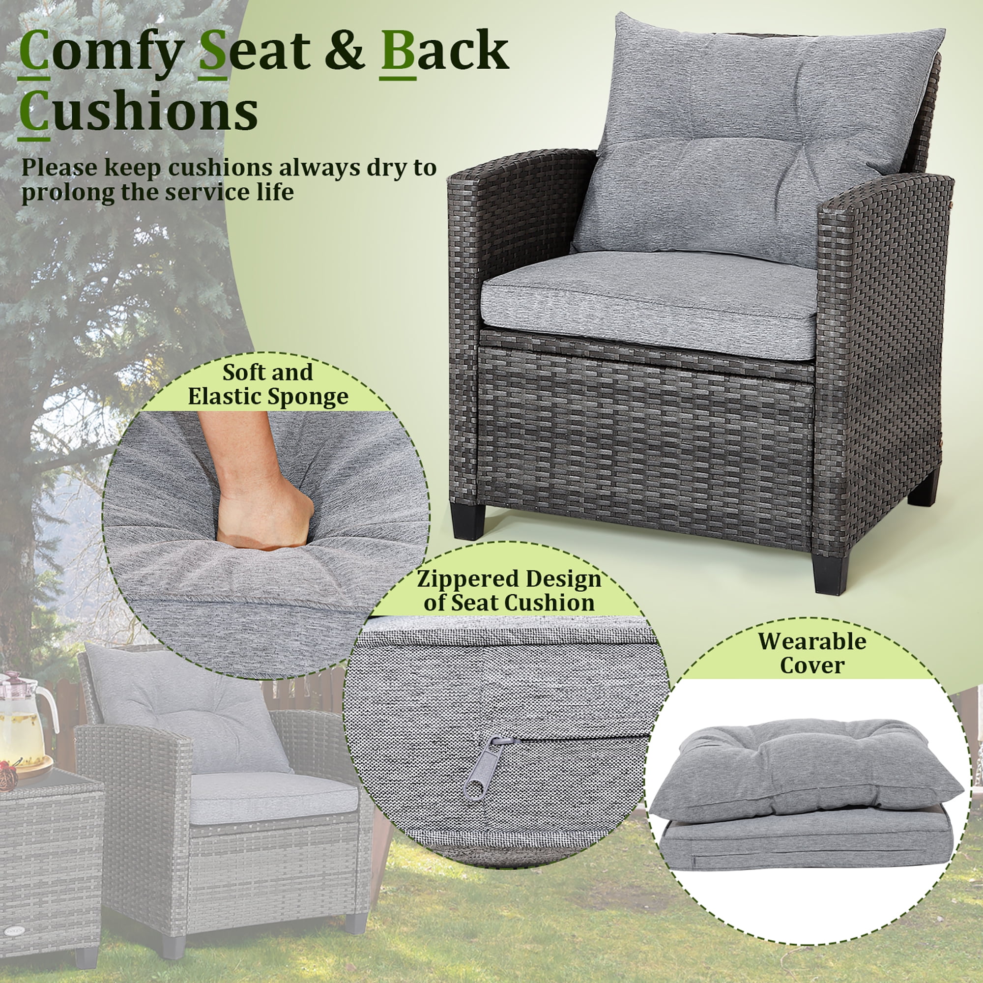 Gymax 3PCS Patio Rattan Sofa Set Outdoor Wicker Conversation Set Glass Tabletop w/ Grey Cushion - Image 5