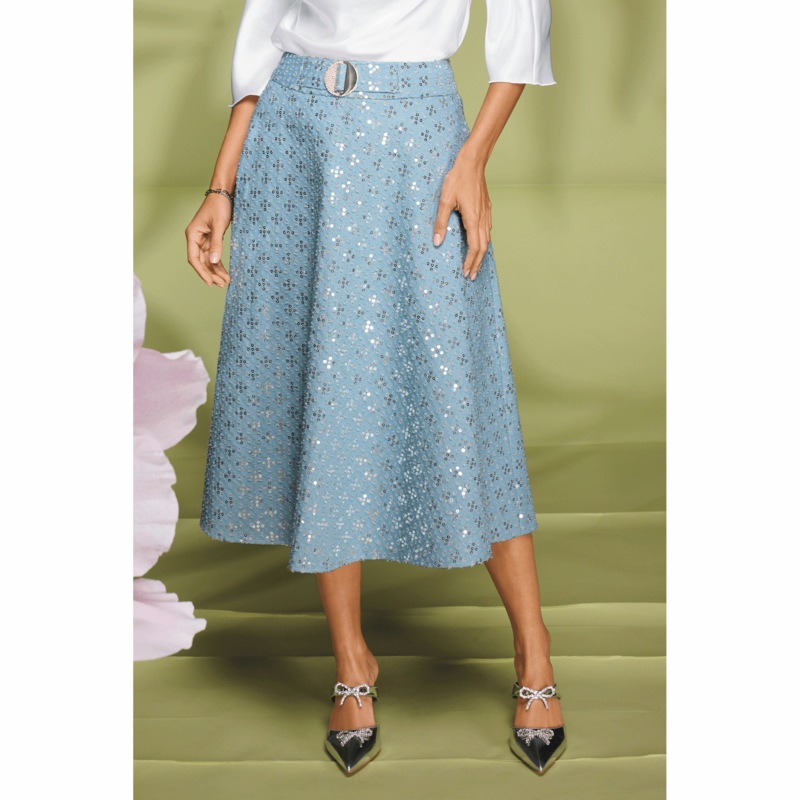 Delta Belted Women’s Metallic Denim Midi Skirt with Sequins - MIDNIGHT VELVET CATALOG