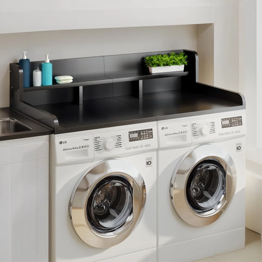 Modern Washer Dryer Countertop with 2-Tier Shelf,Laundry Room Countertop Organization Storage with 2.75" H Guard Edge Rails,Non-Slip Pad,Waterproof and Easy to Clean,54"W x 27.55"D,Natural Wood - Image 45