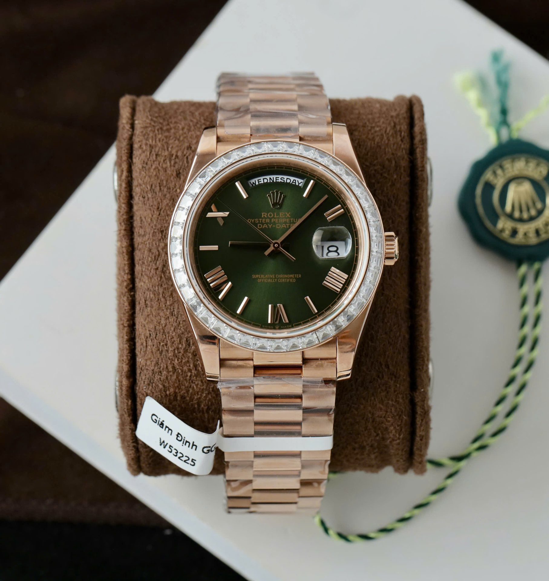 Rolex Day-Date Geen Dial Copies Watches Gold Wrapped + Diamonds Moissanite Baguette 40mm - Elite Watch Atelier
