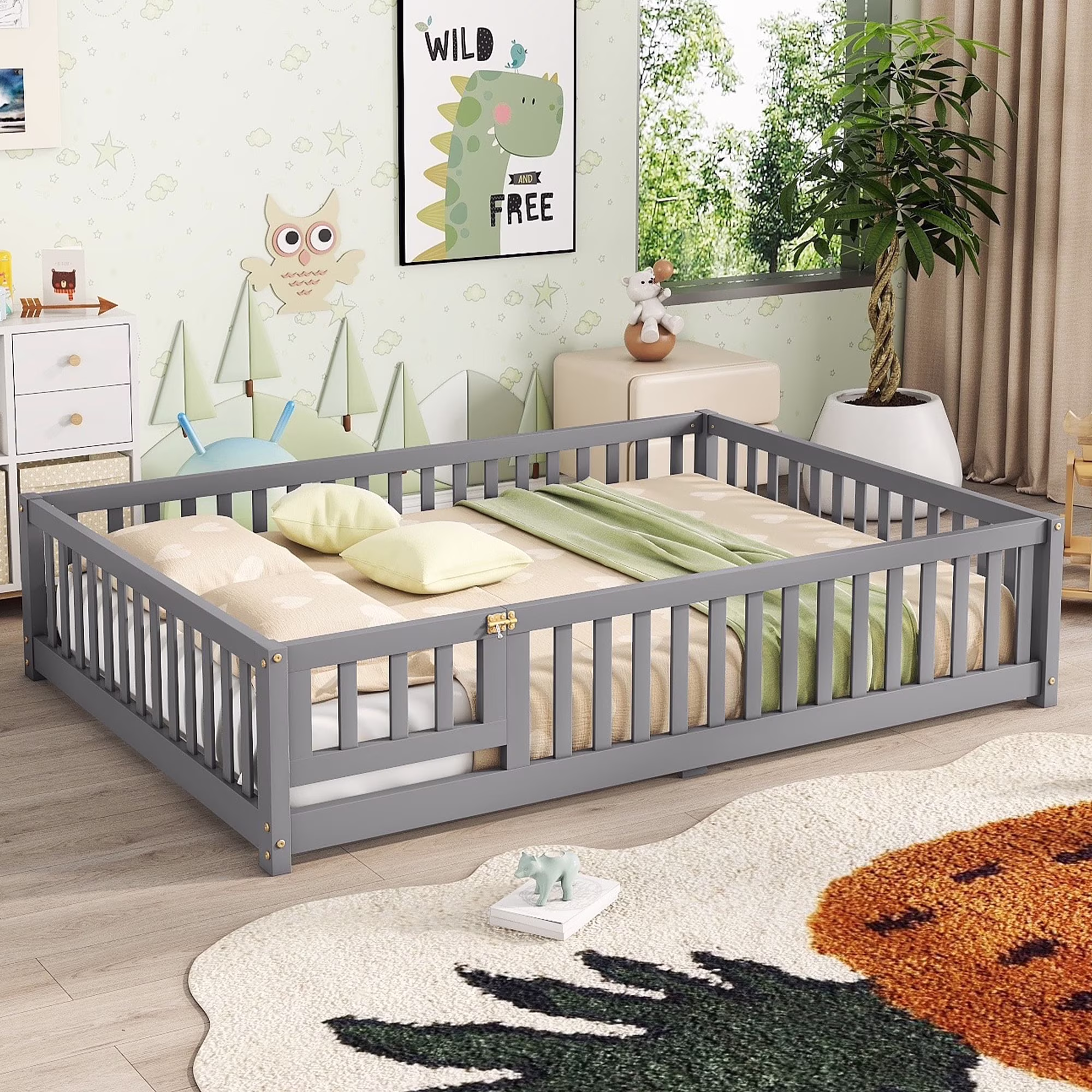 Bellemave Full Size Floor Bed with Door and Fence Floor Bed with Bed Slats Sturdy Wood Floor Bed Montessori Bed Frame (Full, Pink) - Image 5