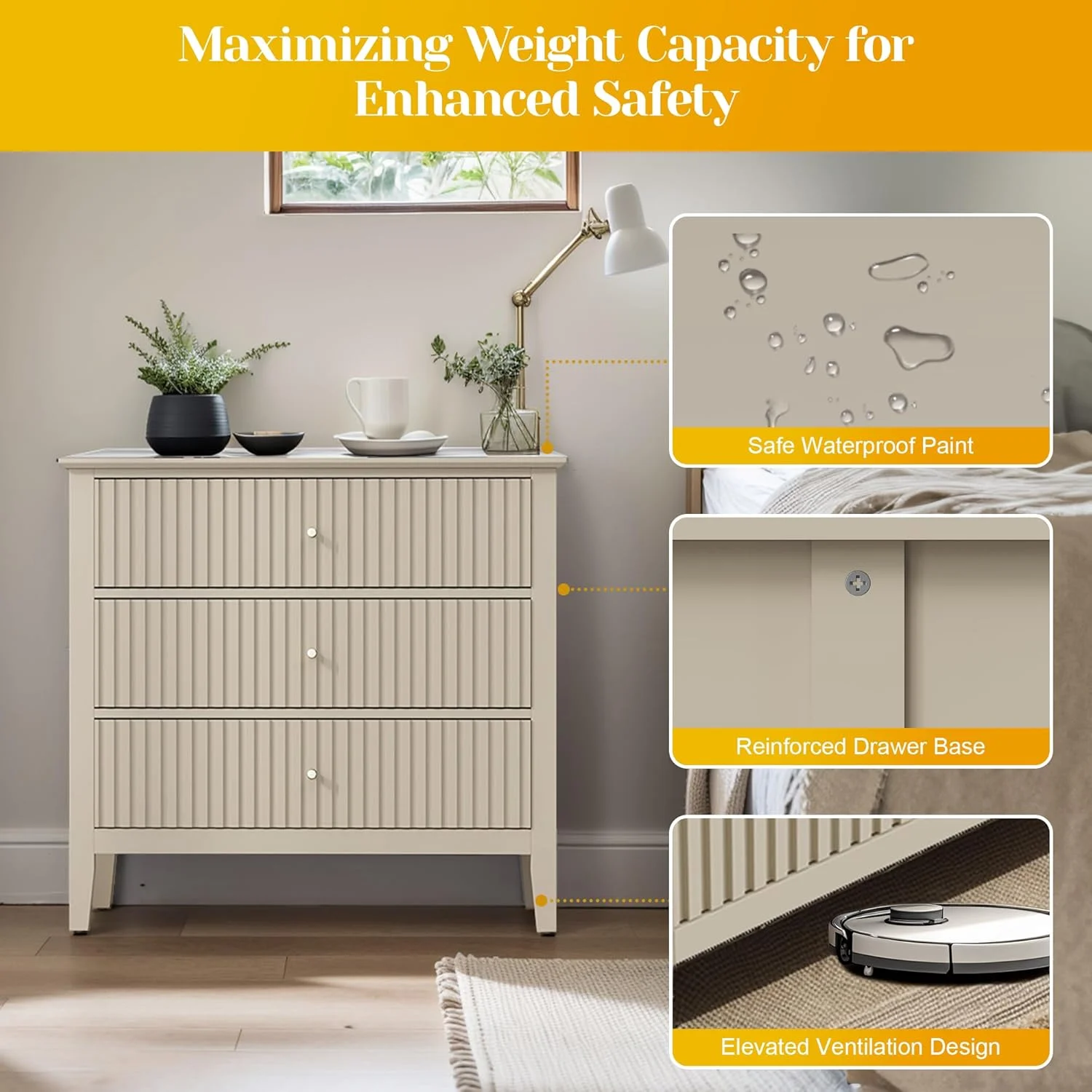 May Color Large White 3 Drawer Dresser Set of 2 with Fluted Panel, Modern Chest of Drawers with Silent Slide Drawers, Wood Accent Nightstand with Storage for Bedroom Living Room, Hallway - Image 84