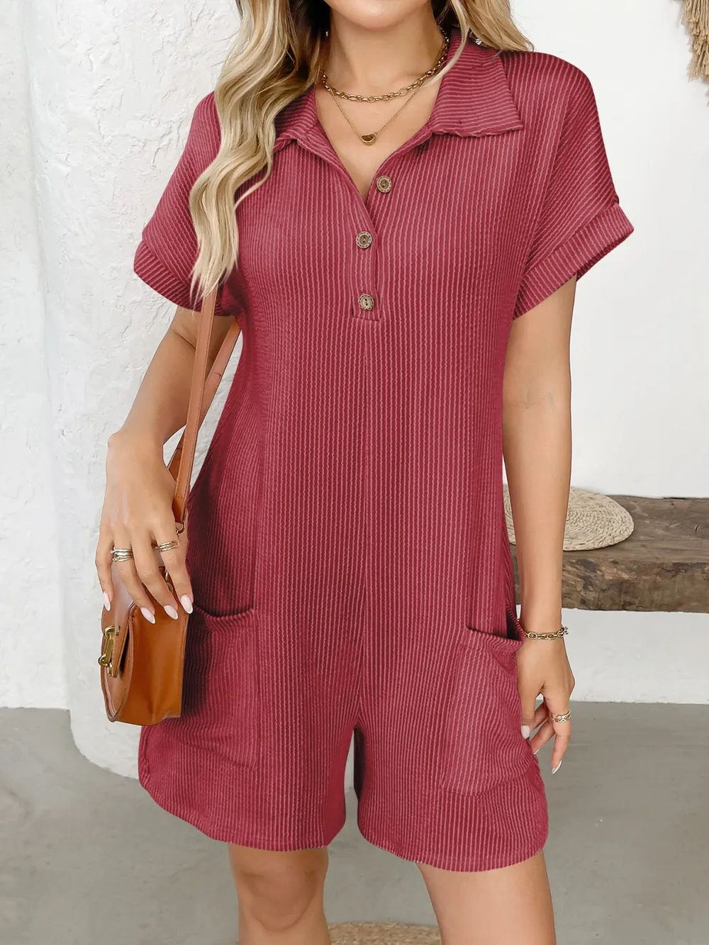 Button Detail Collared Neck Short Sleeve Romper - ZKZOOK