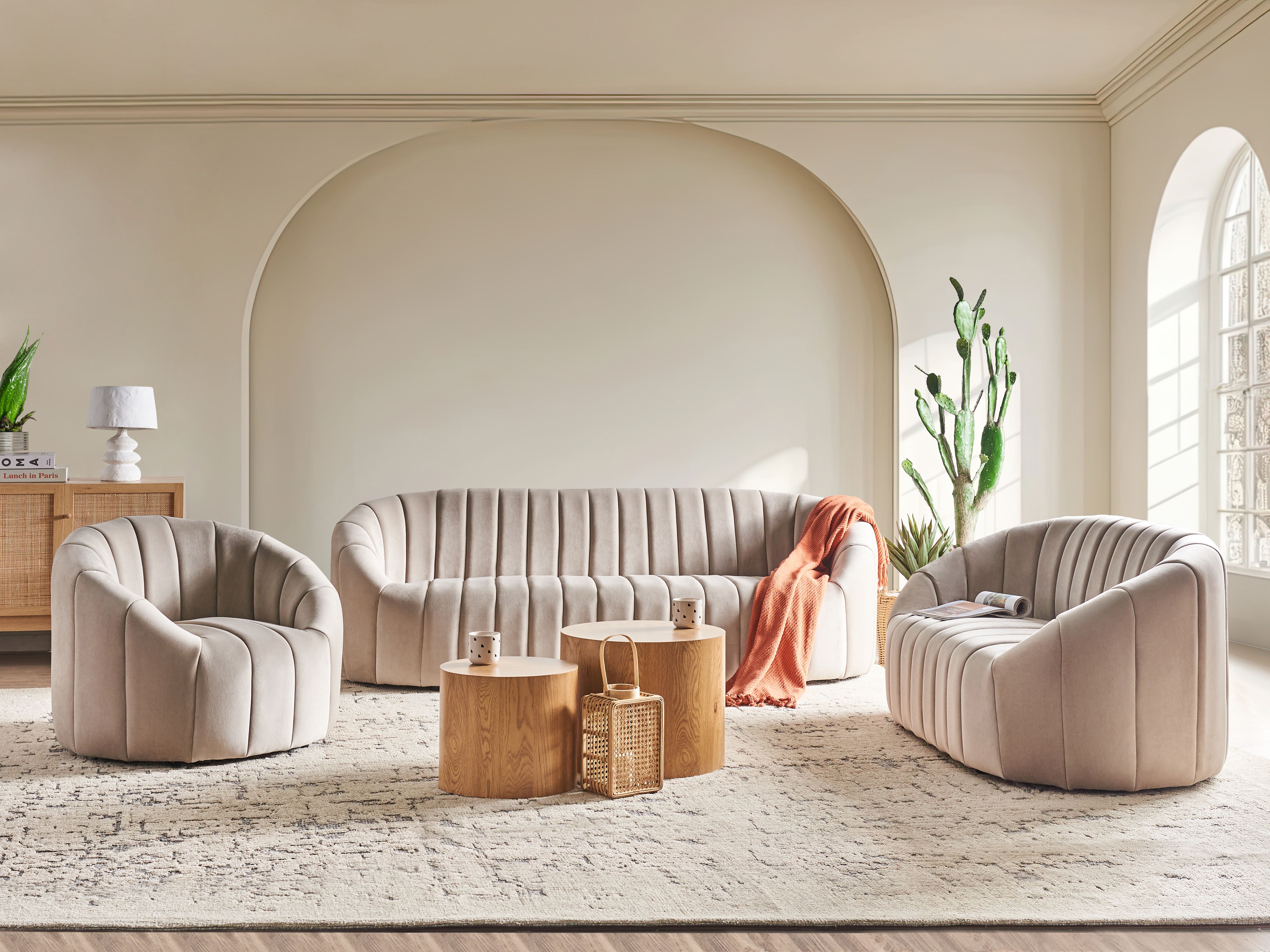 Living Room Set 6 Seater MALUNG Velvet Beige