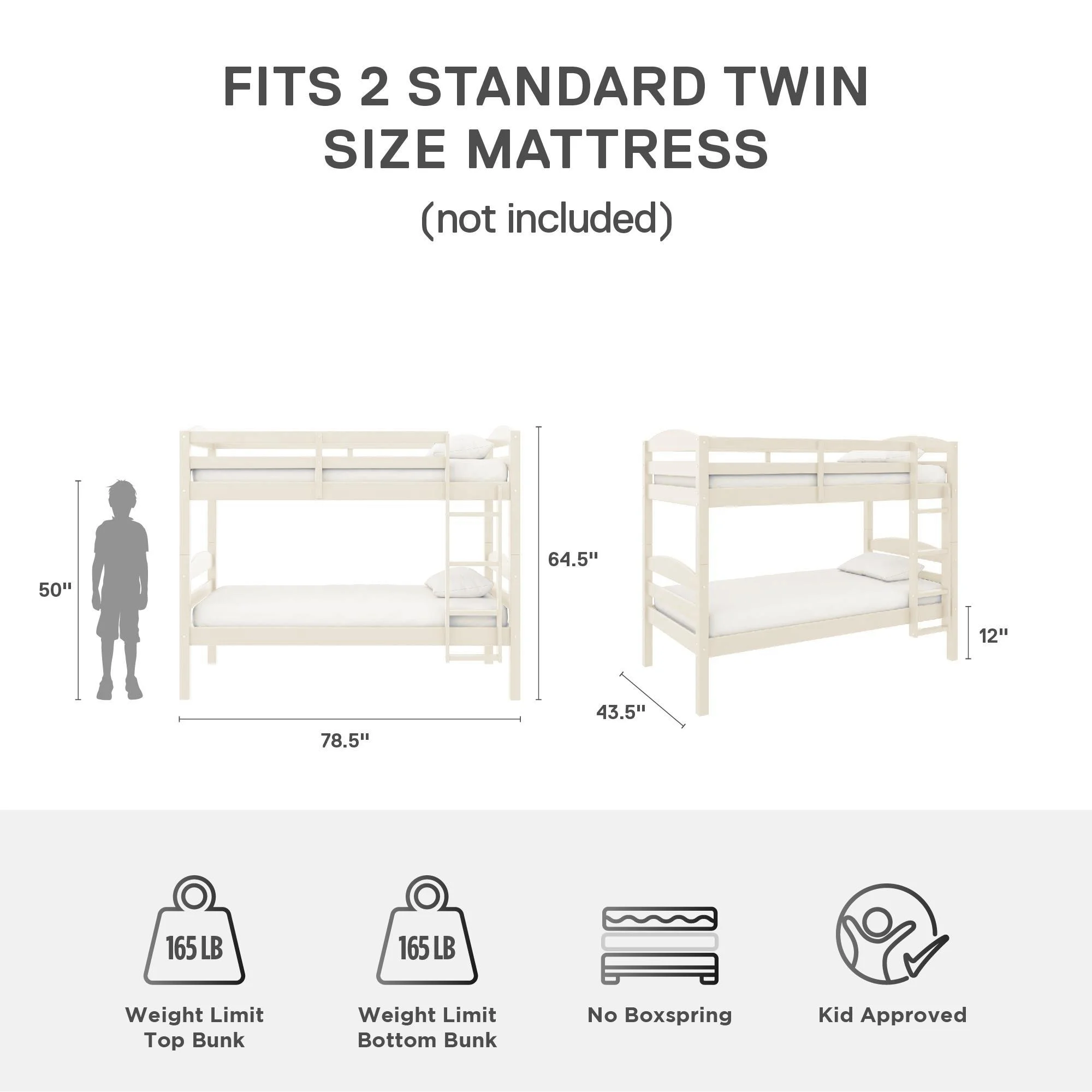 Better Homes & Gardens Leighton Solid Wood Twin-over-Twin Convertible Bunk Bed, Vanilla - Image 8