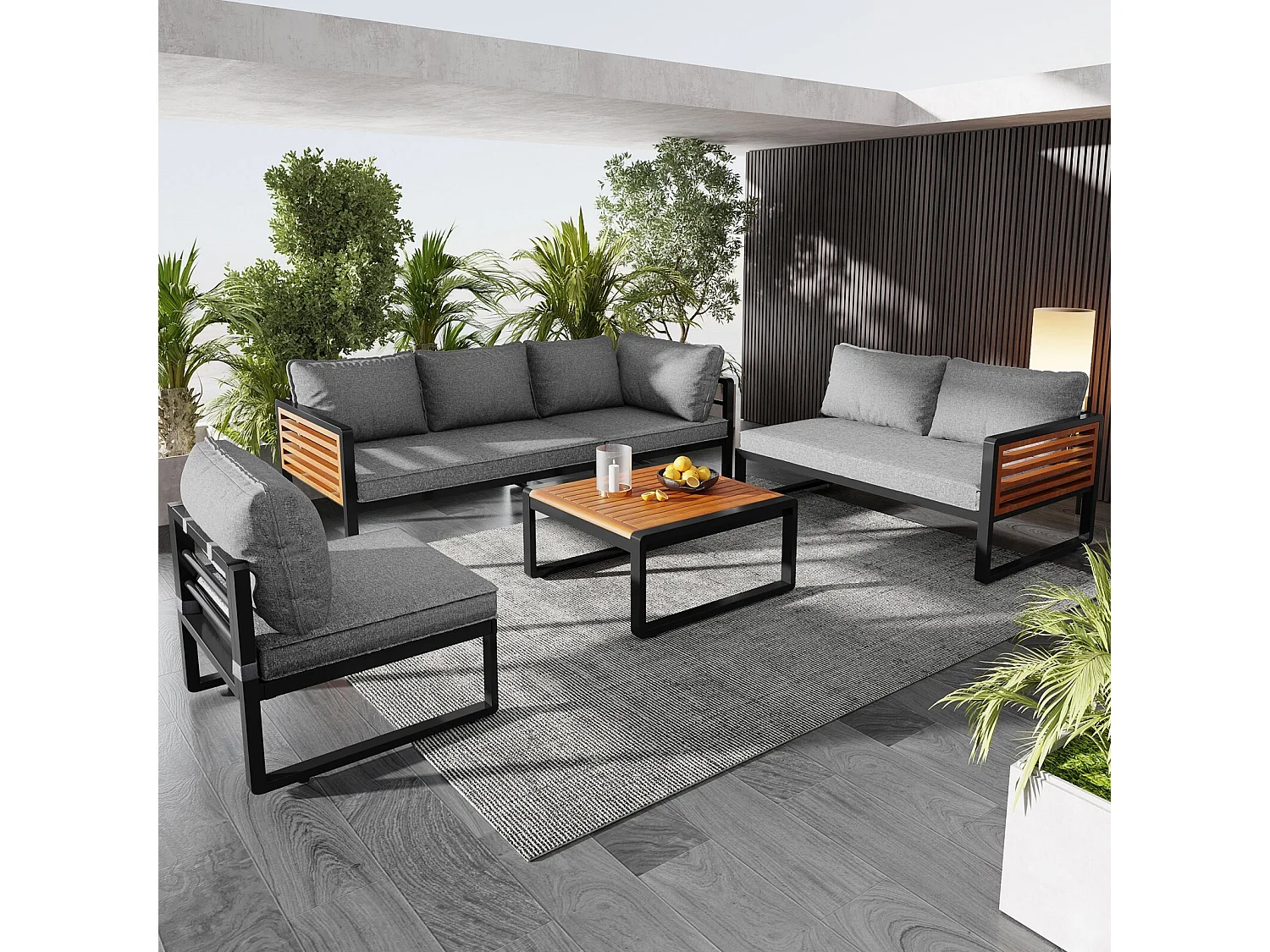 Salon de jardin modulable - avec cadres en fer galvanisé et accoudoirs en bois - Table basse et canapé modulable 6 places
