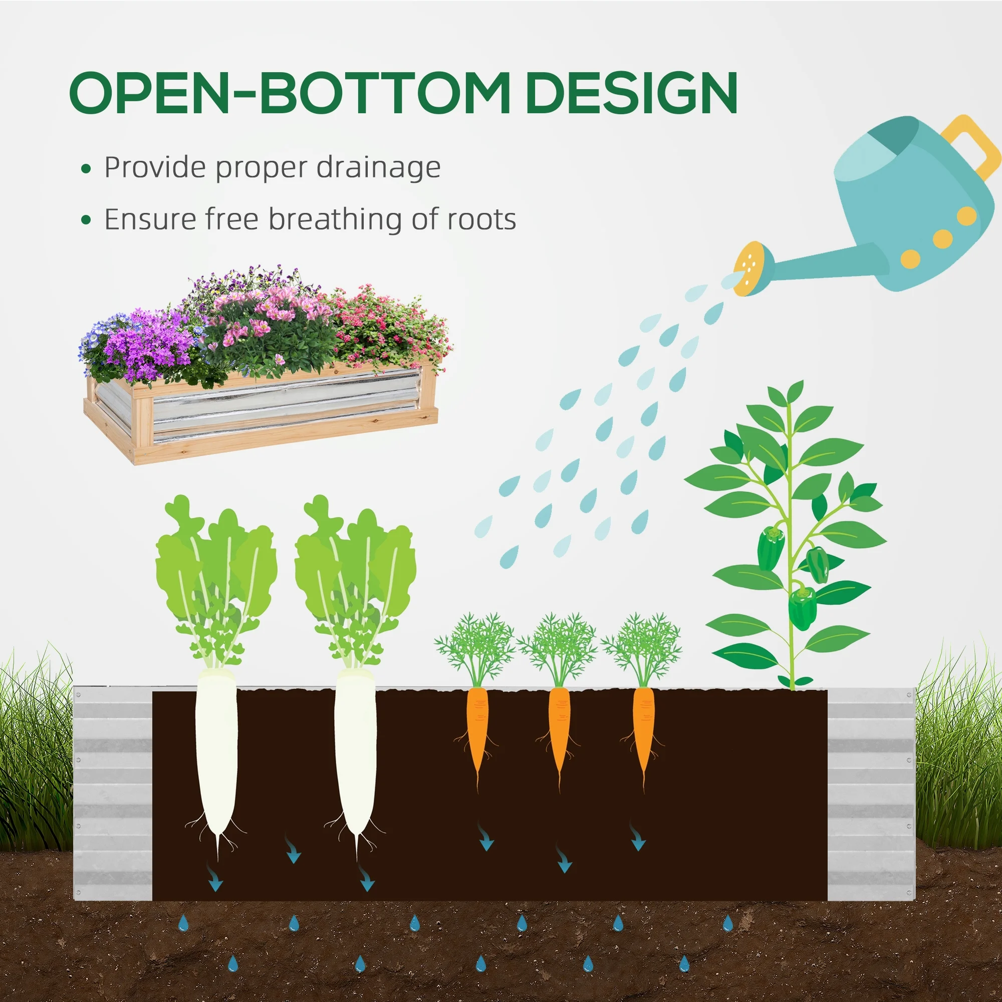 Outsunny Raised Garden Bed with Polycarbonate Greenhouse, Wooden Garden Cold Frame Greenhouse, Flower Planter Protection, 48" x 24" x 32", Natural - Image 6