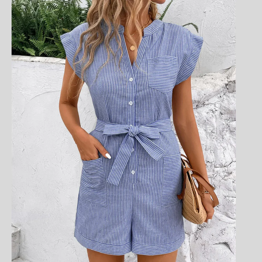 Perfee Striped Notched Tie Waist Romper - ZKZOOK
