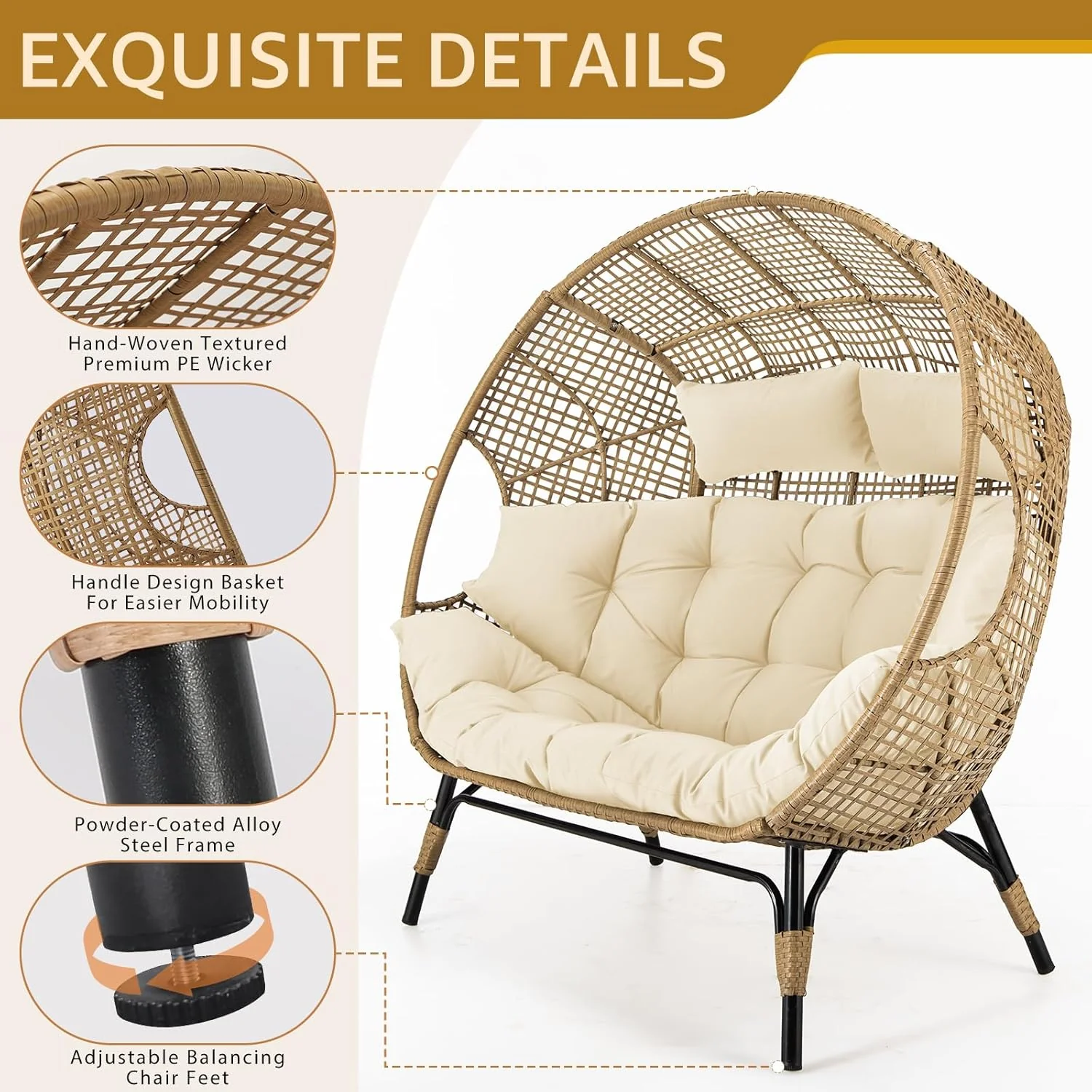 NICESOUL Double Egg Wicker Loveseat Chair, 2 Person, Beige - Image 5 NICESOUL Double Egg Wicker Loveseat Chair, 2 Person, Beige - Image 5