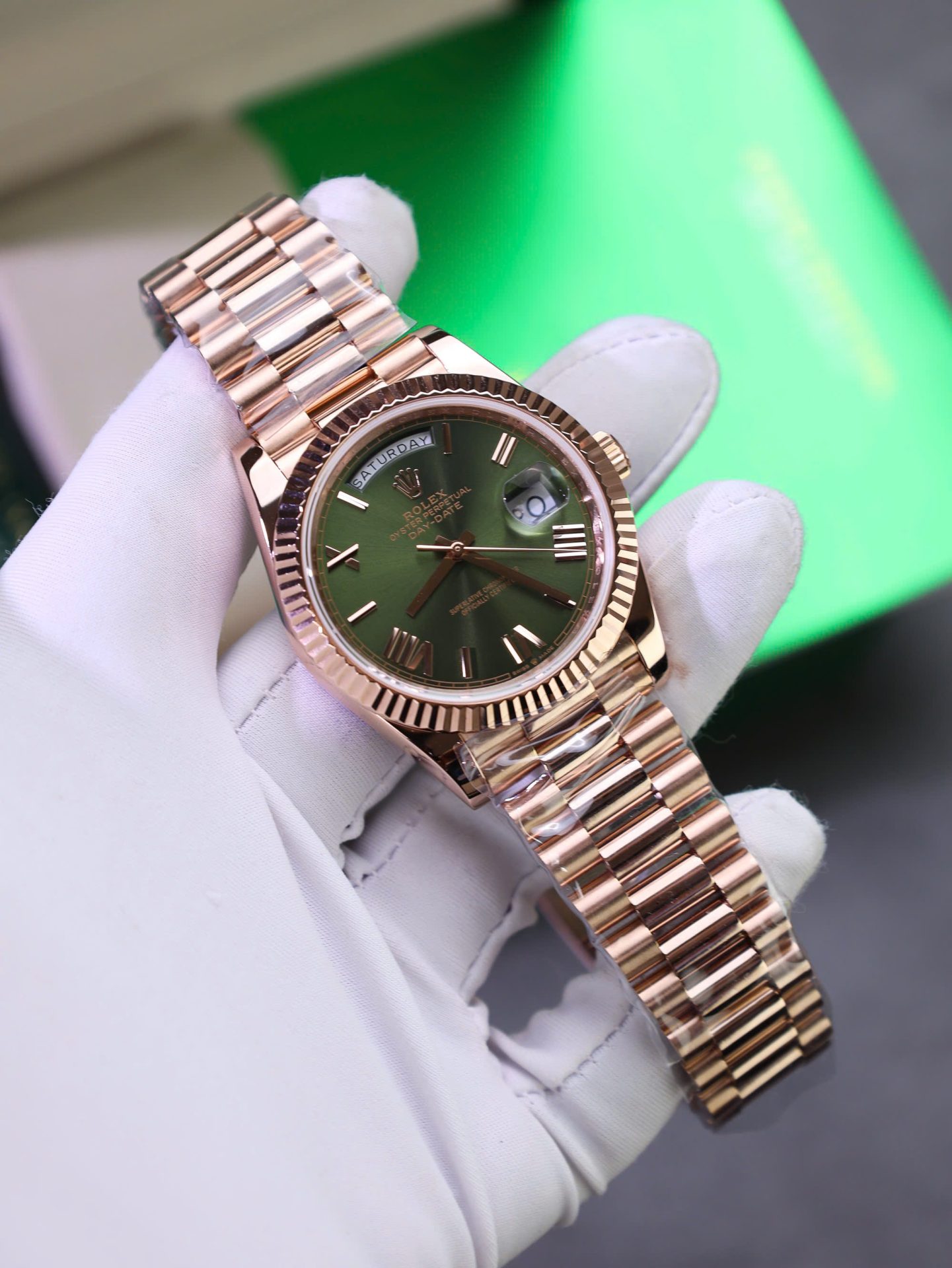 Rolex Day-Date Green Dial Replica Watch Gold Wrapped Weight 186Gram QF 40mm - Top club