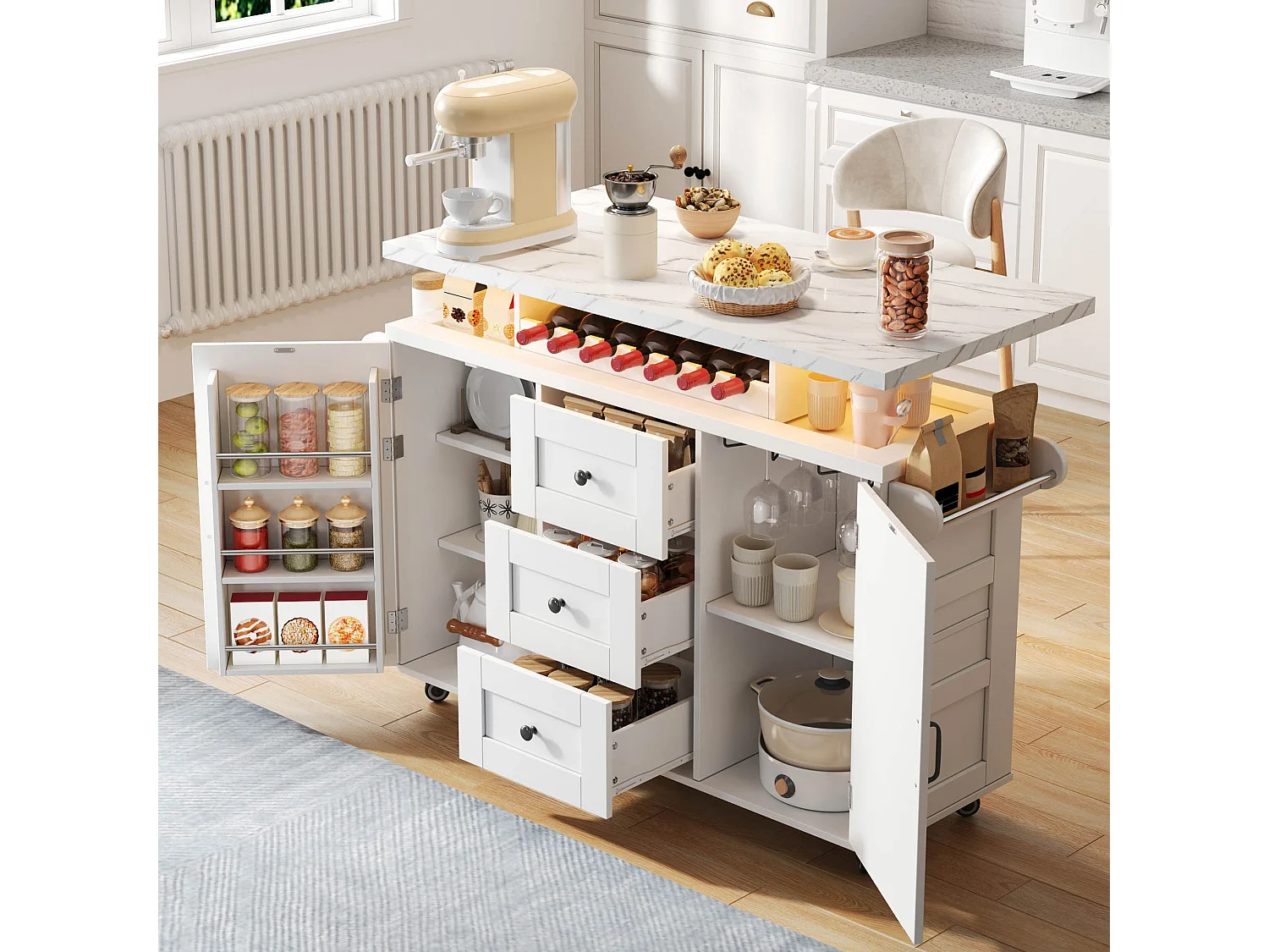 Îlot central mobile avec plan de travail rabattable - 120 x 42/60 x 93 cm - avec 2 portes + 3 tiroirs + Leds - MDF - blanc