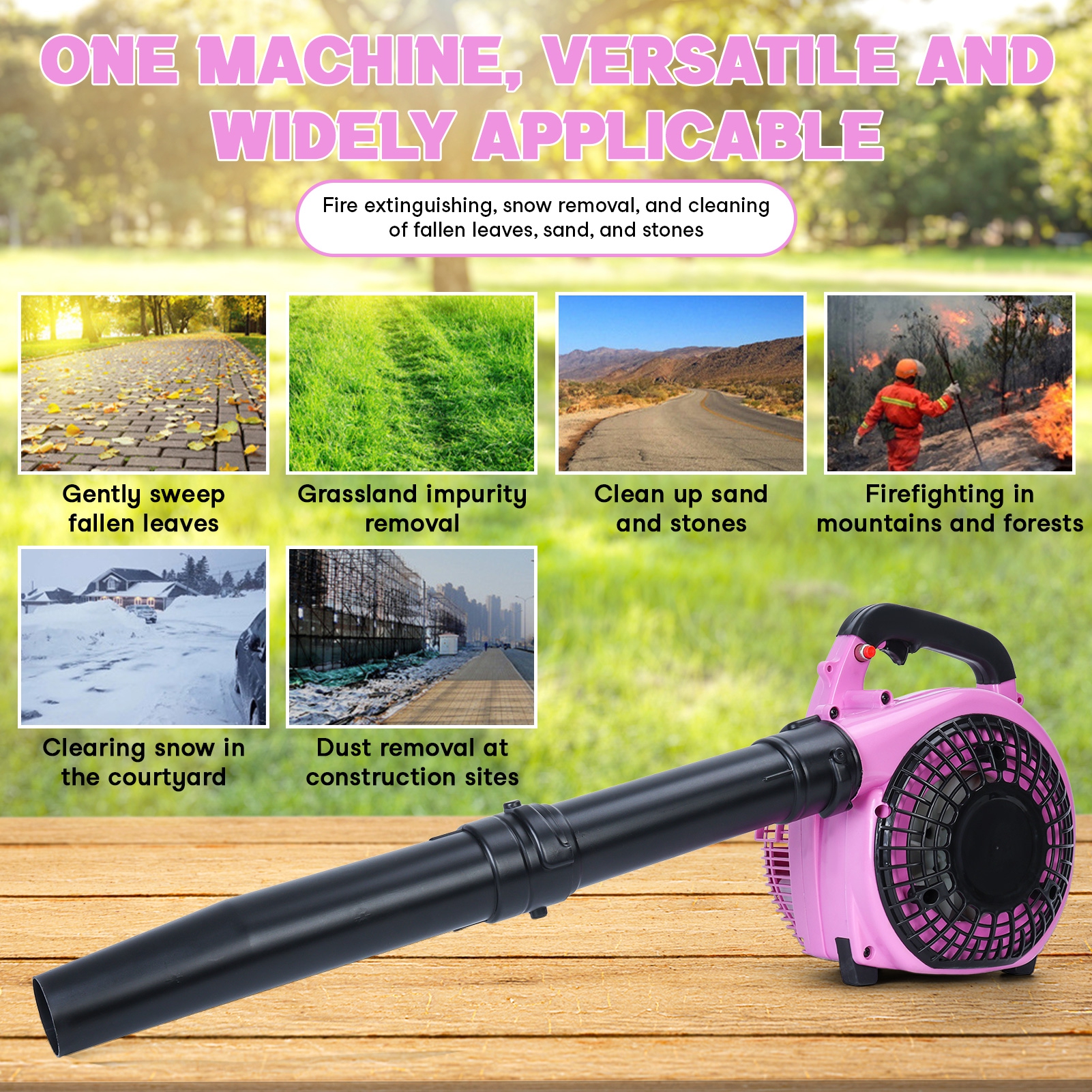AQMD 26cc Handheld Leaf Blower, Gas Powered Snow Blower, 2-Stroke Handheld Gas Blower, Powerful Clearing Blower for Lawn Care, Snow Blowing & Yard Cleaning (EB260-Pink)