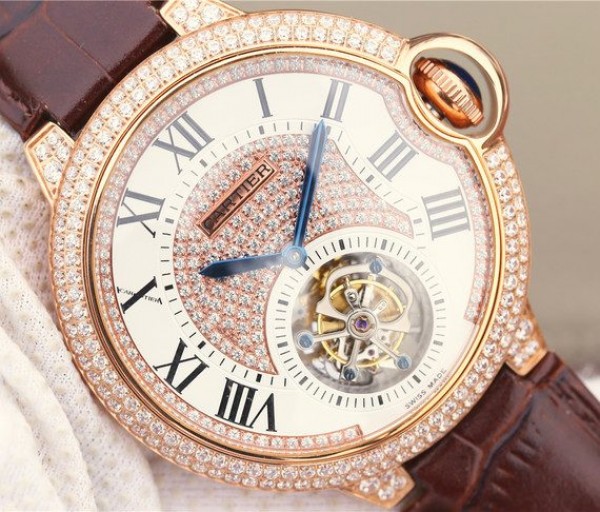 Replica Cartier Ballon Bleu de Cartier Tourbillon RG Paved Diamonds Leather Strap - Top club