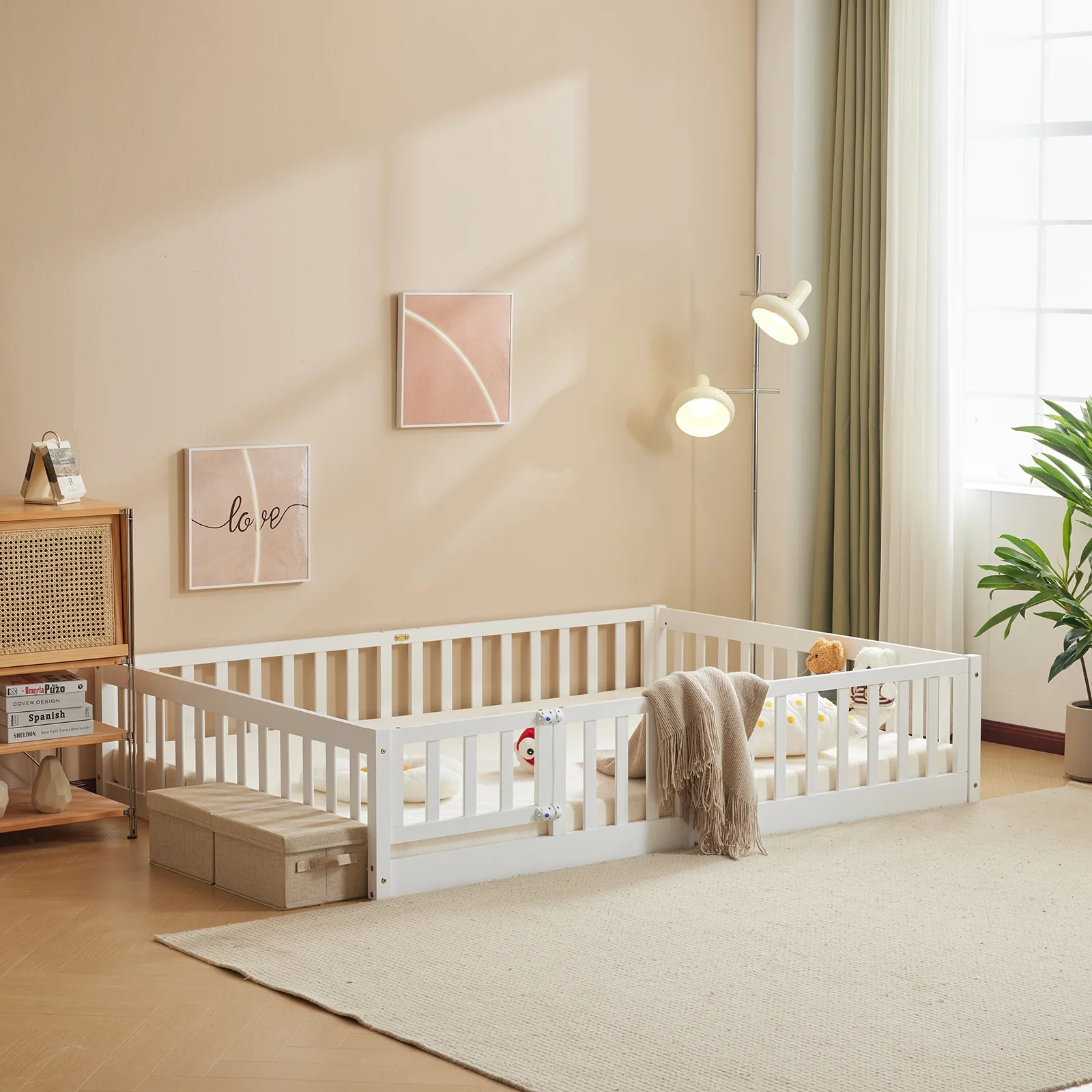Zimtown Montessori Floor Bed Frame, Full Size Kids Toddler Bed with Fence and Door, Wooden Platform Bed, White - Image 3