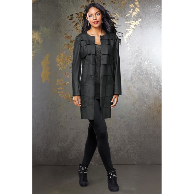 Elaina Faux Leather Jacket with Tiers and Lasercut Designs - MIDNIGHT VELVET CATALOG