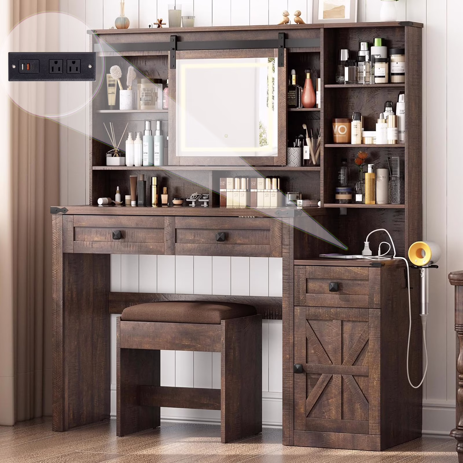 Blotout 47.2" Farmhouse Rustic Makeup Vanity Desk with Sliding Mirror and Lights, Glass Top Vanity Set with Charging Station & 3 Drawers & 1 Cabinet & Stool, Big Vanity (White) - Image 3