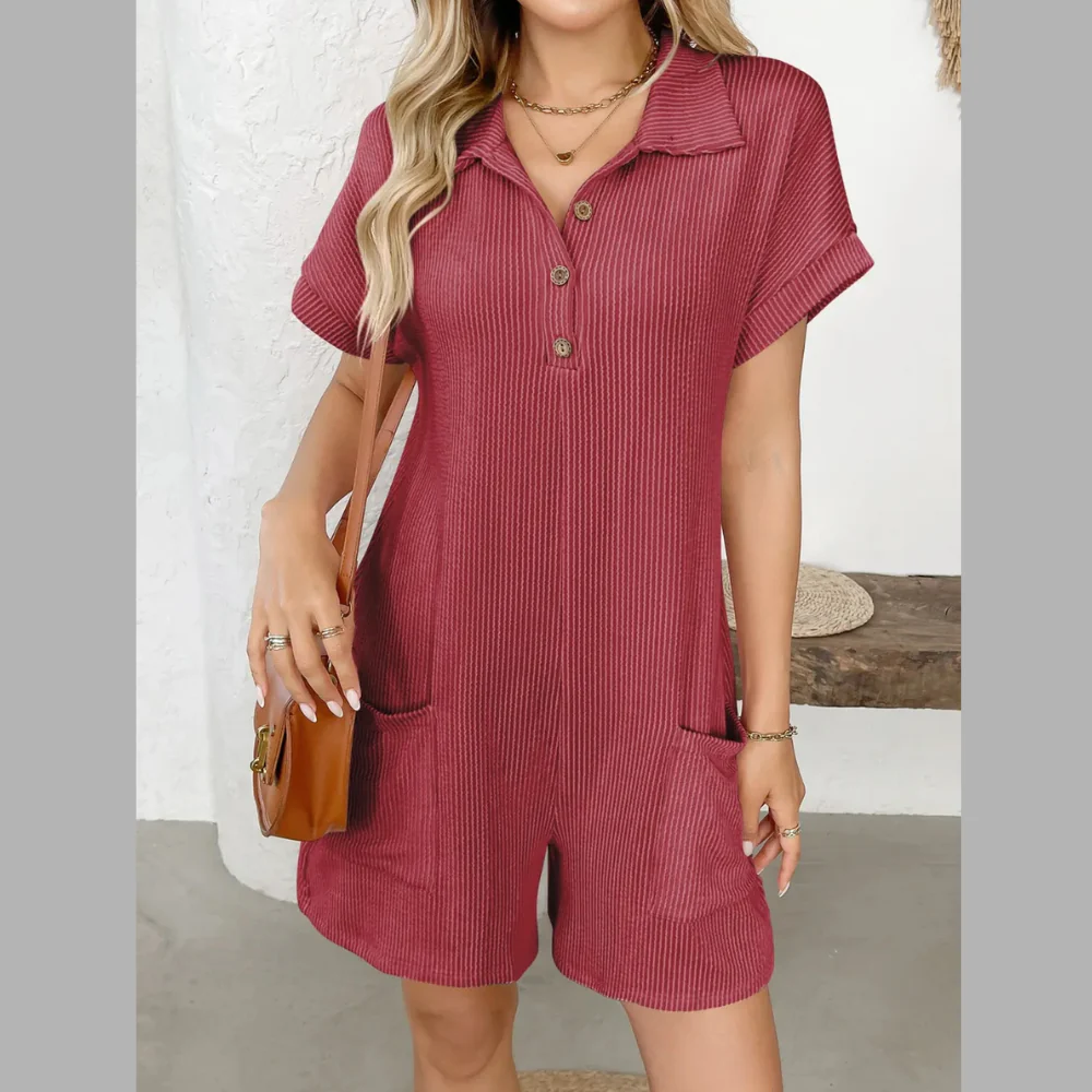 Button Detail Collared Neck Short Sleeve Romper - ZKZOOK