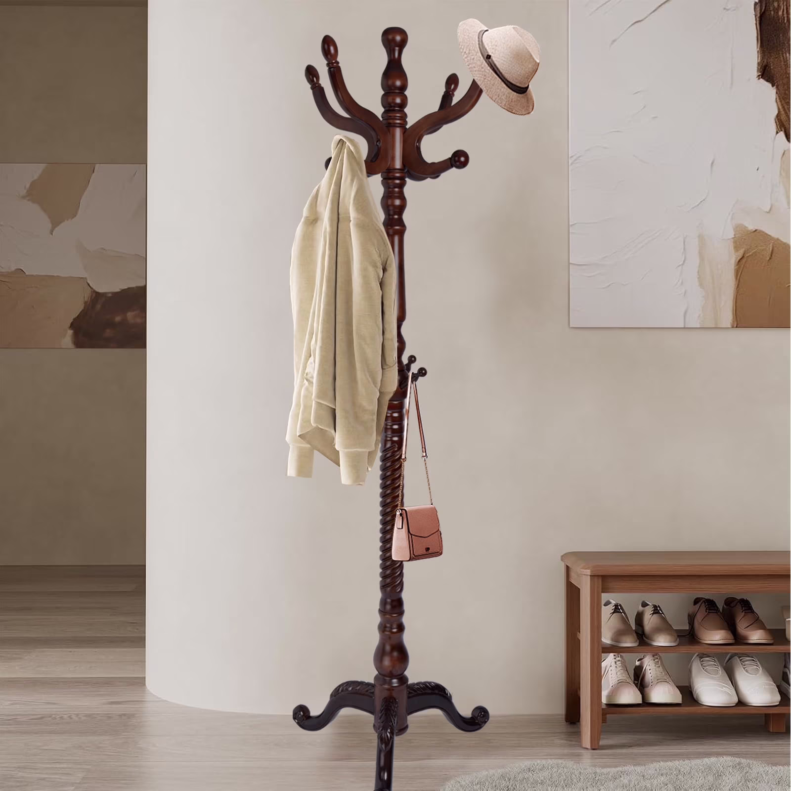 Coat Rack Freestanding, Hall Tree with 11 Hooks, Heavy Duty Wooden Coat Tree Stand, Adjustable Height, Sturdy Base for Bedroom Hallway Office - Load 270lbs - Image 16