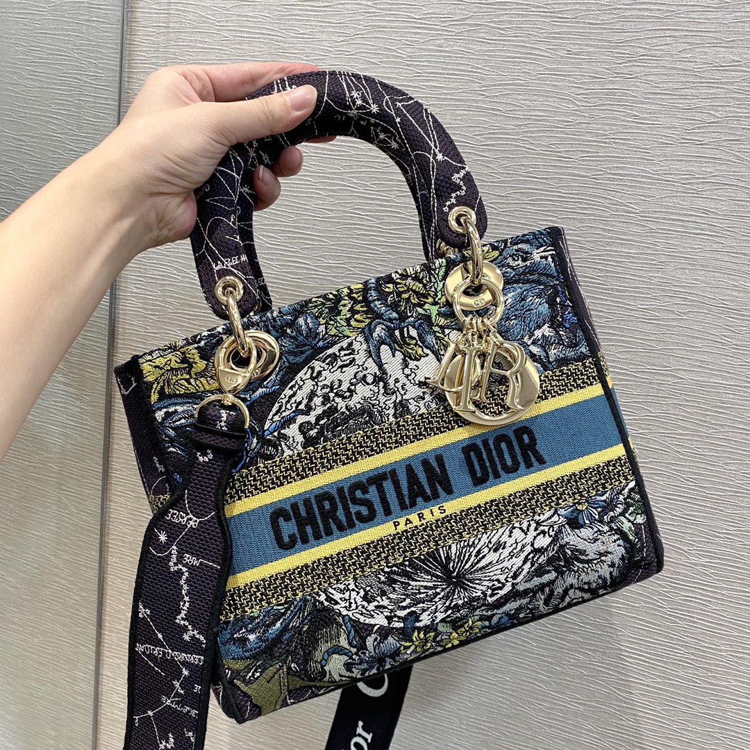 Christian Dior Medium Lady D-Lite Bag Dior Constellation Embroidery, Blue, For Women Women’s Handbags, Crossbody Bags, 24cm CD M0565ORHP_M928