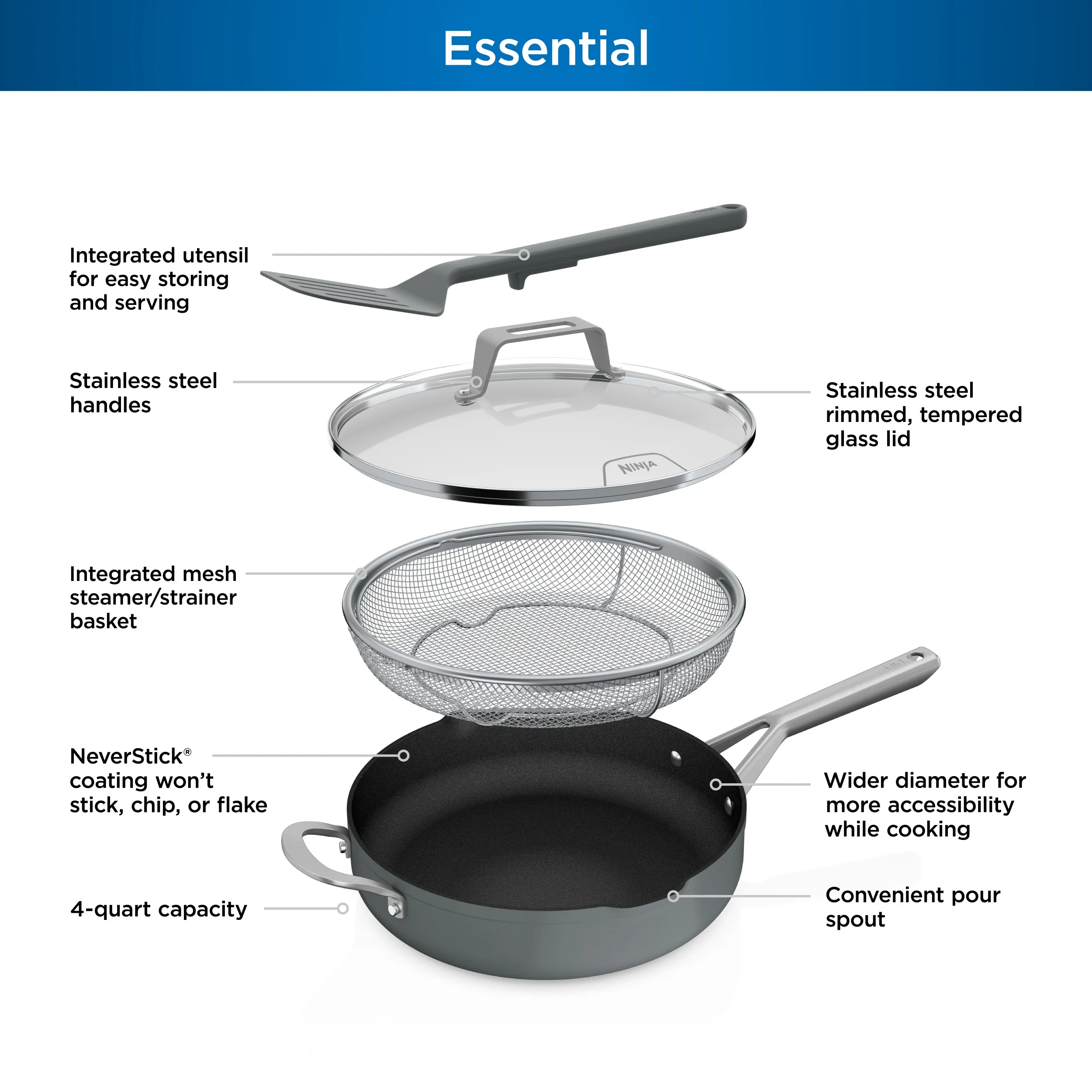 Ninja Foodi Never Stick Possible Pan, Non Stick, Fry Pan, Sea Salt Grey - Image 3