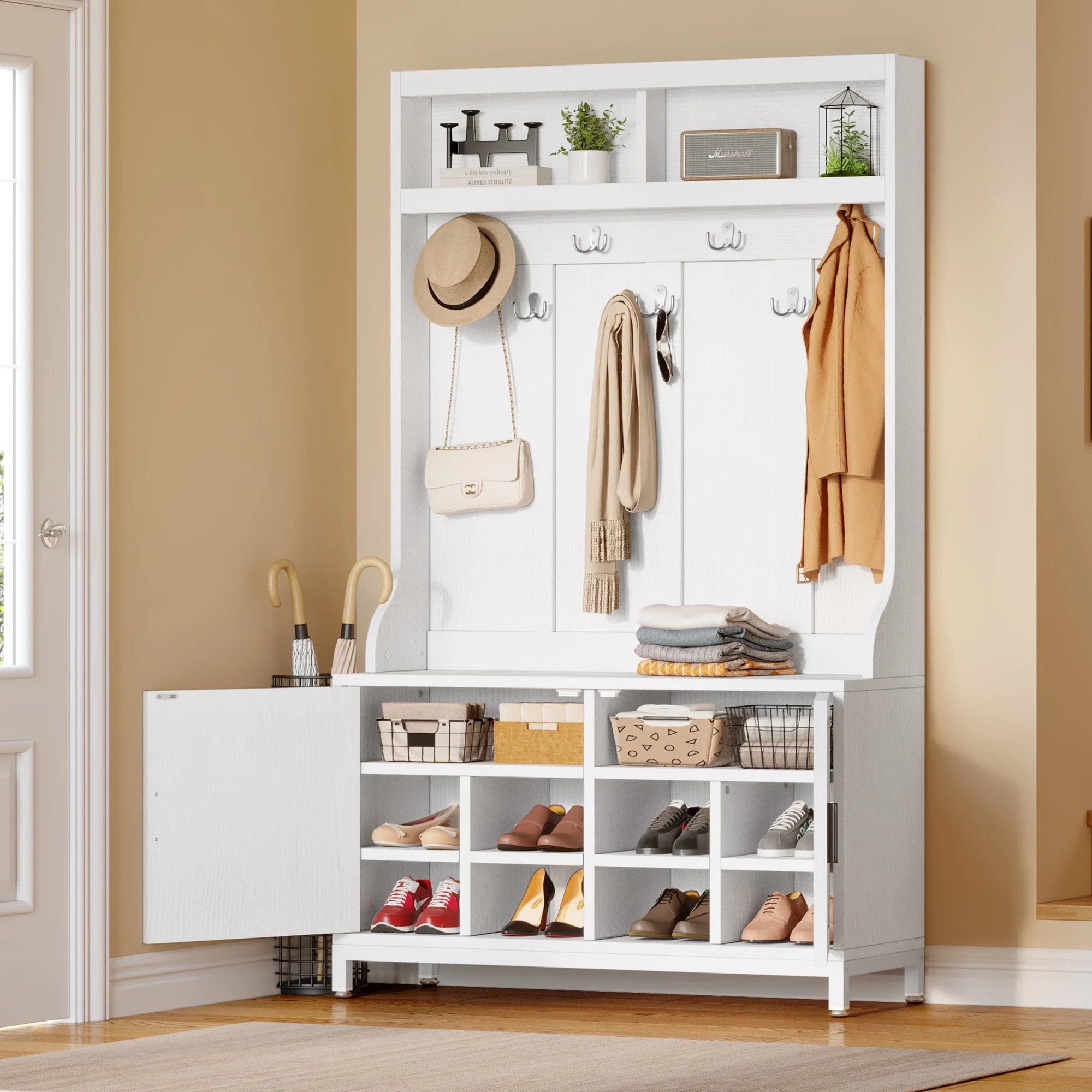 Dextrus Farmhouse Coat Rack with 14 Hooks, 4-in-1 Hall Tree with Storage Bench, Coat Hanger, White