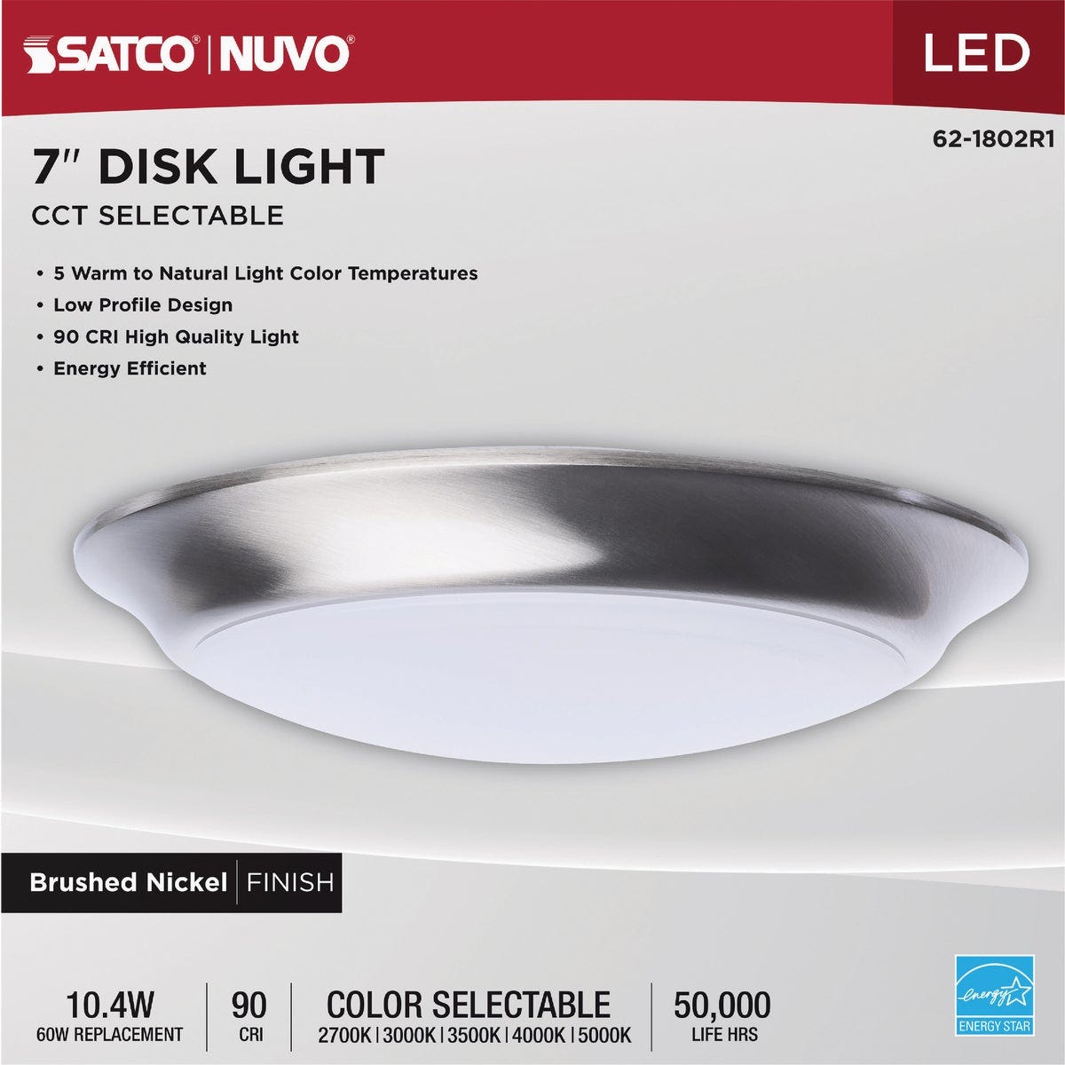 Satco Nuvo 7 In. Brushed Nickel 60W Equivalent LED CCT-Selectable Disk Flush Mount Ceiling Light Fixture