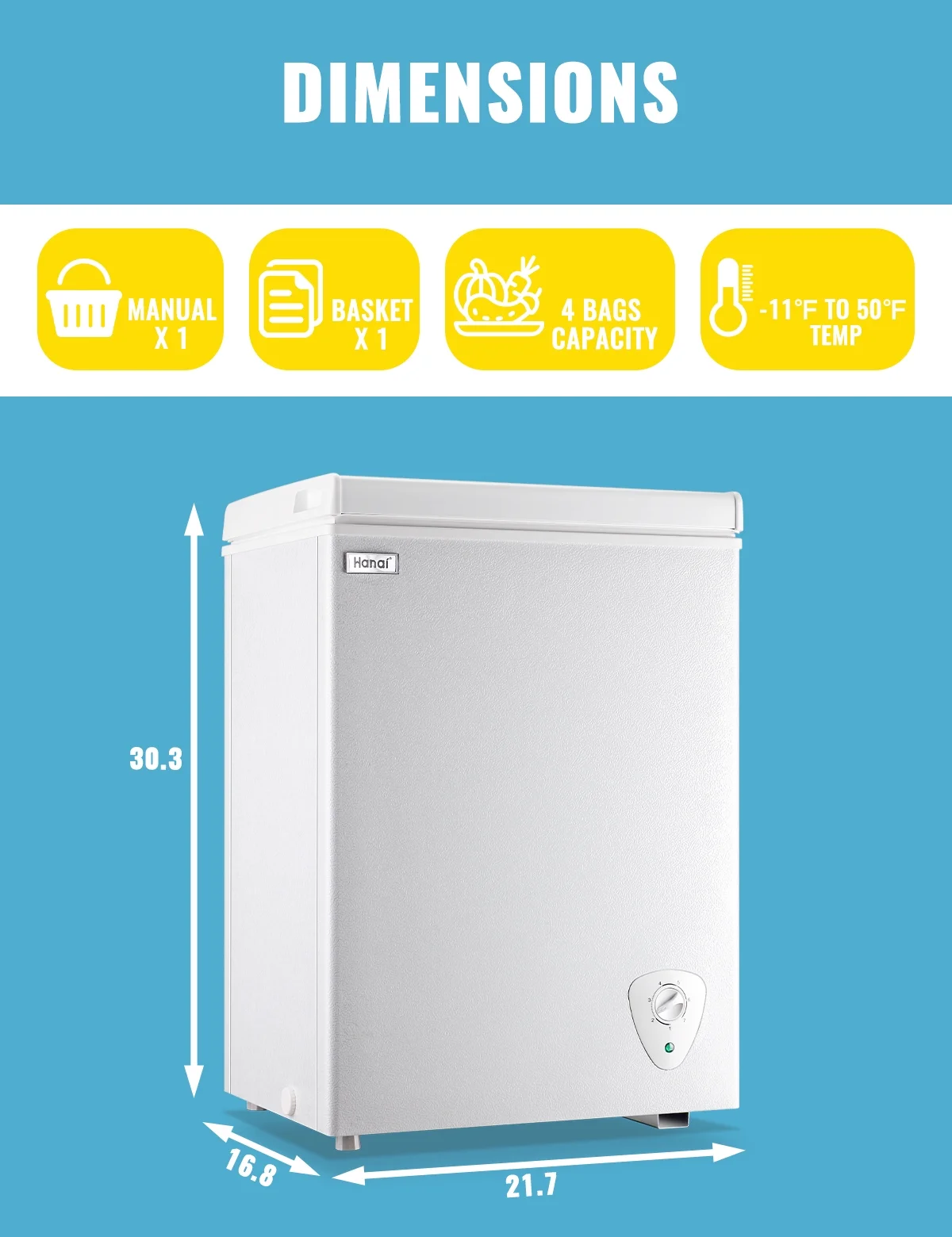 WANAI 3.5 Cu.ft Chest Freezer Small Deep Freeze with 7 Gears Temp Control Office Dorm Kitchen White - Image 12