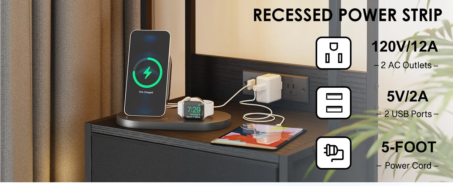 41 Inch Tall Nightstand Recessed Power Strip Specifications