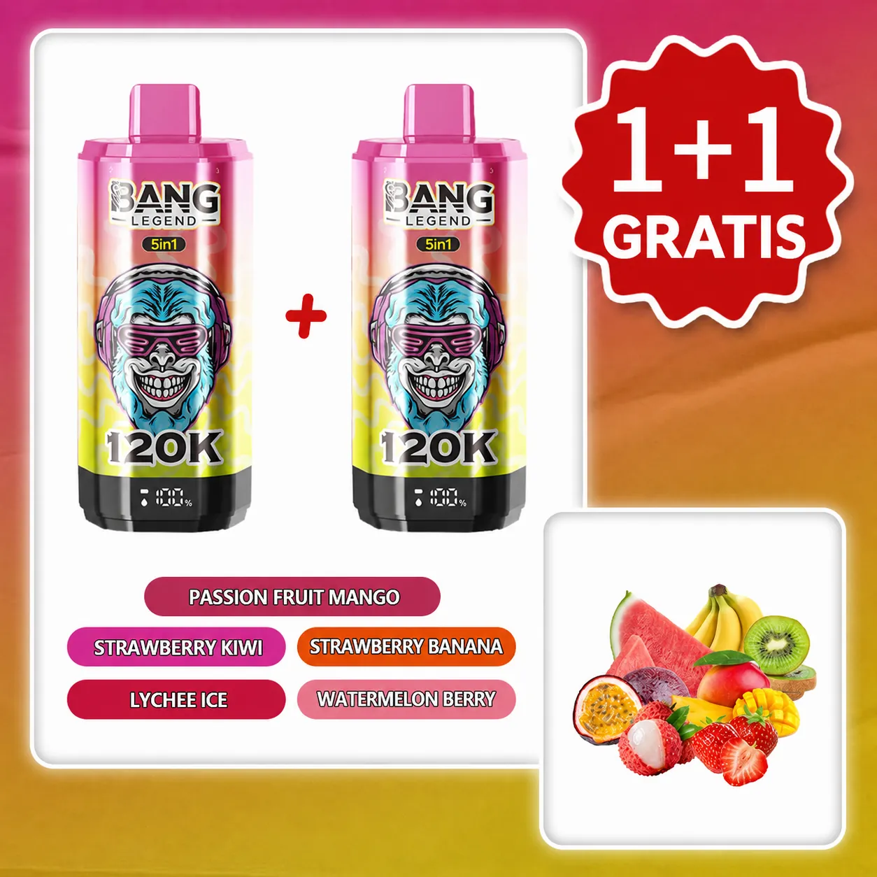 BANG LEGEND 120 000 puffów 5w1 – Passion Fruit Mango, Strawberry Kiwi, Strawberry Banana, Lychee Ice | 1+1 gratis