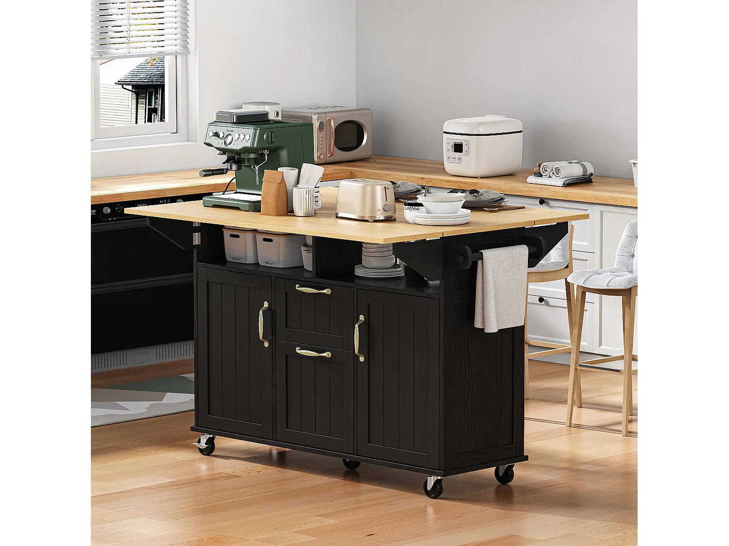 Îlot de cuisine mobile avec plateau de table pliable, 2 tiroirs de rangement et 2 portes - noir