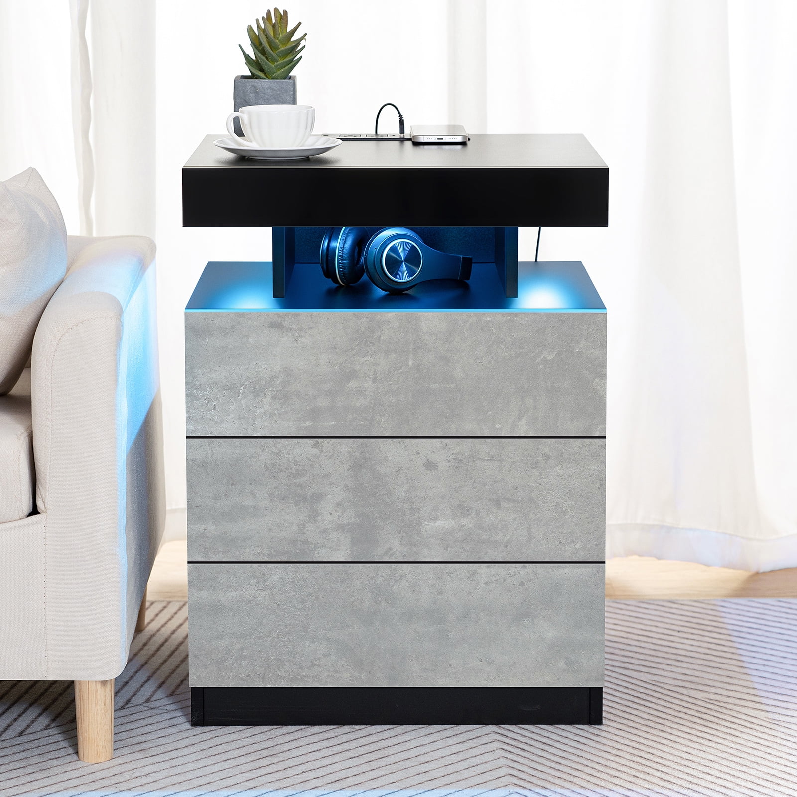 Hommpa LED Nightstand Wireless Charging Station USB Type C Outlets Bedside Table 3 Drawers Black Night Table Modern Smart Nightstand High Gloss End Side Table for Bedroom Furniture 26.8" Tall - Image 31