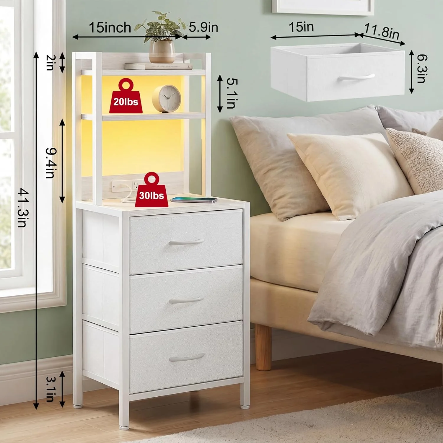 Tall White Nightstand with Charging Station, 3 Fabric Drawers, RGB LED & Bookshelf,White - Image 4 Tall White Nightstand with Charging Station, 3 Fabric Drawers, RGB LED & Bookshelf,White - Image 4