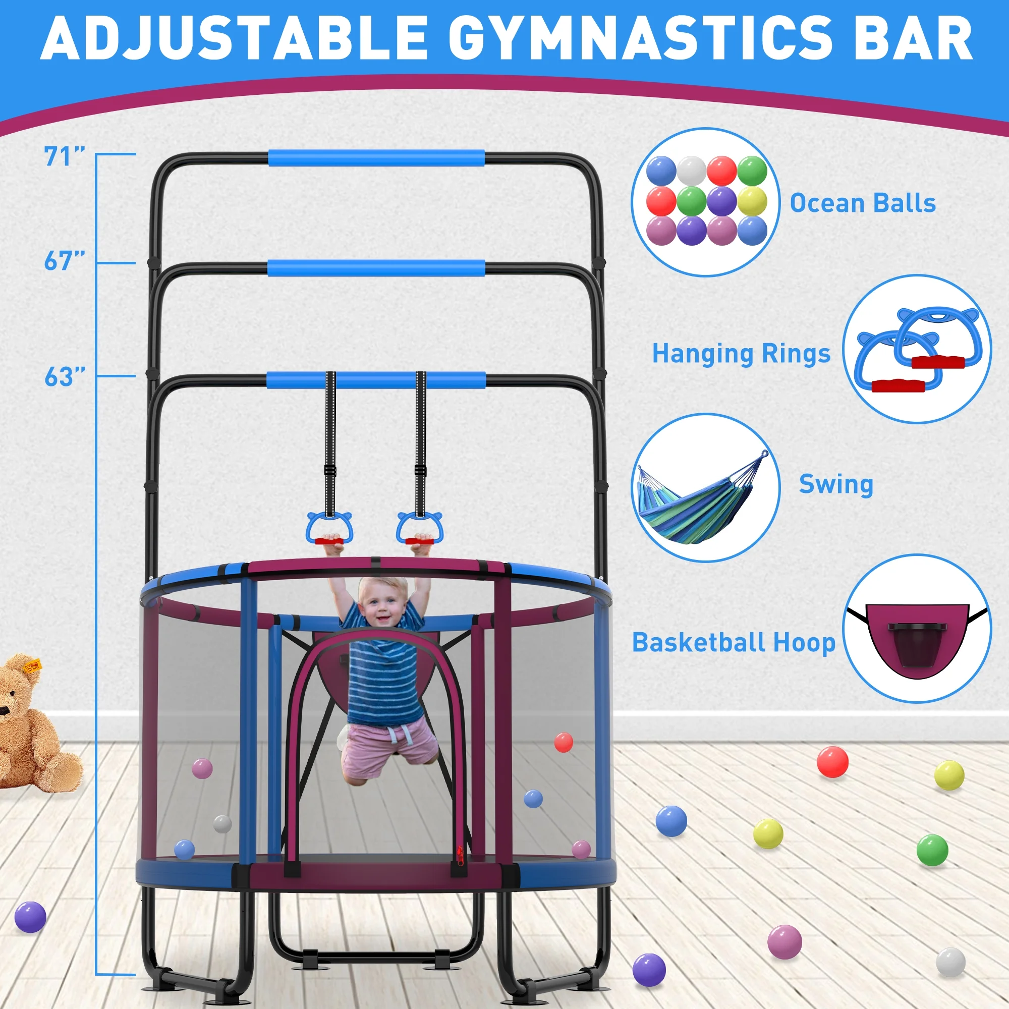 CITYLE Trampoline for Kids 600LBS 60'' 5FT Toddler Trampoline Indoor Outdoor with Basketball Hoop, Swing, Adjustable Bar, Mini Small Trampoline with Enclosure, Gifts for Toddlers, Boys & Girls - Image 57