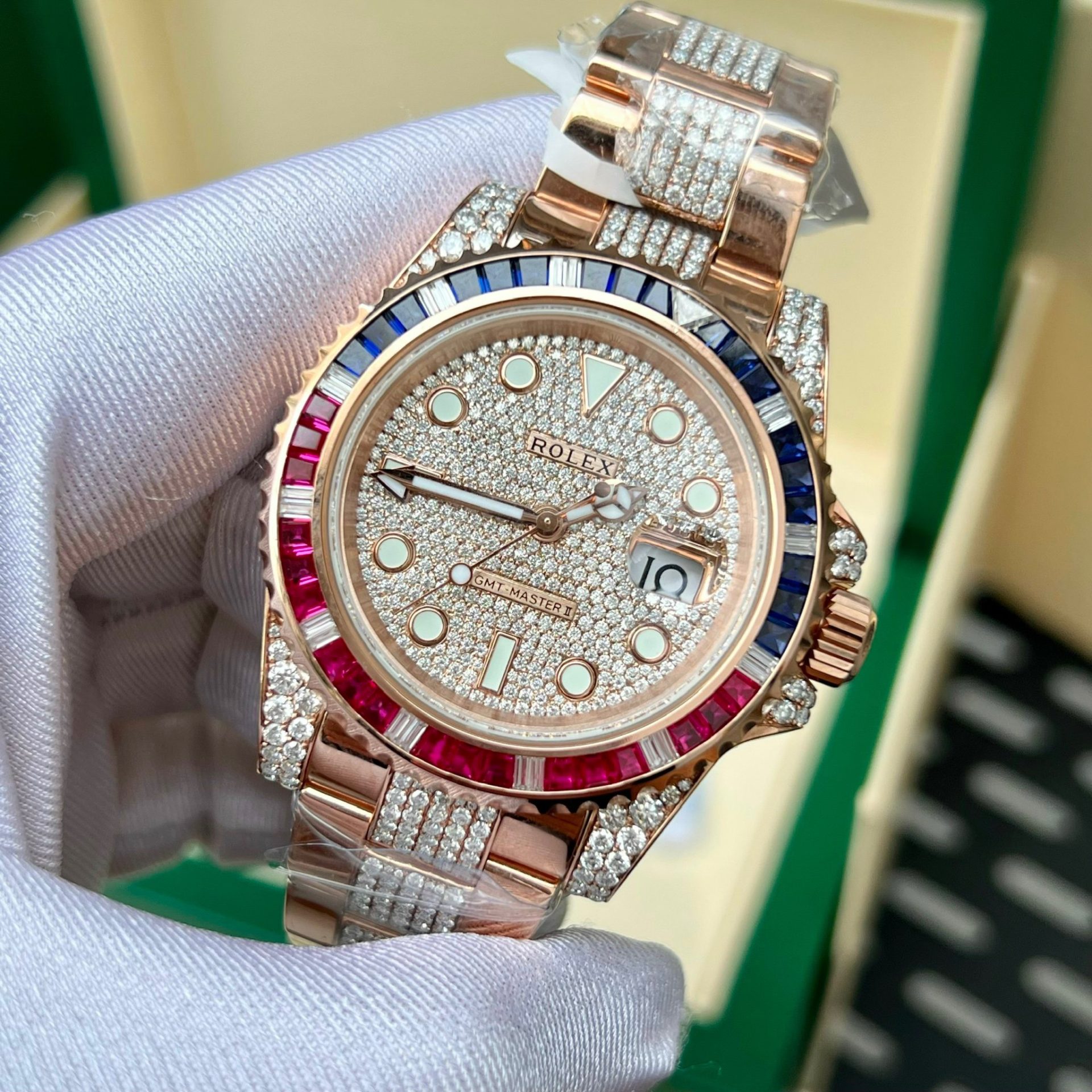 Rolex Replica 11 Watch GMT Master II Gold Wrapped Moissanite Diamond Sapphire 40mm - Top club