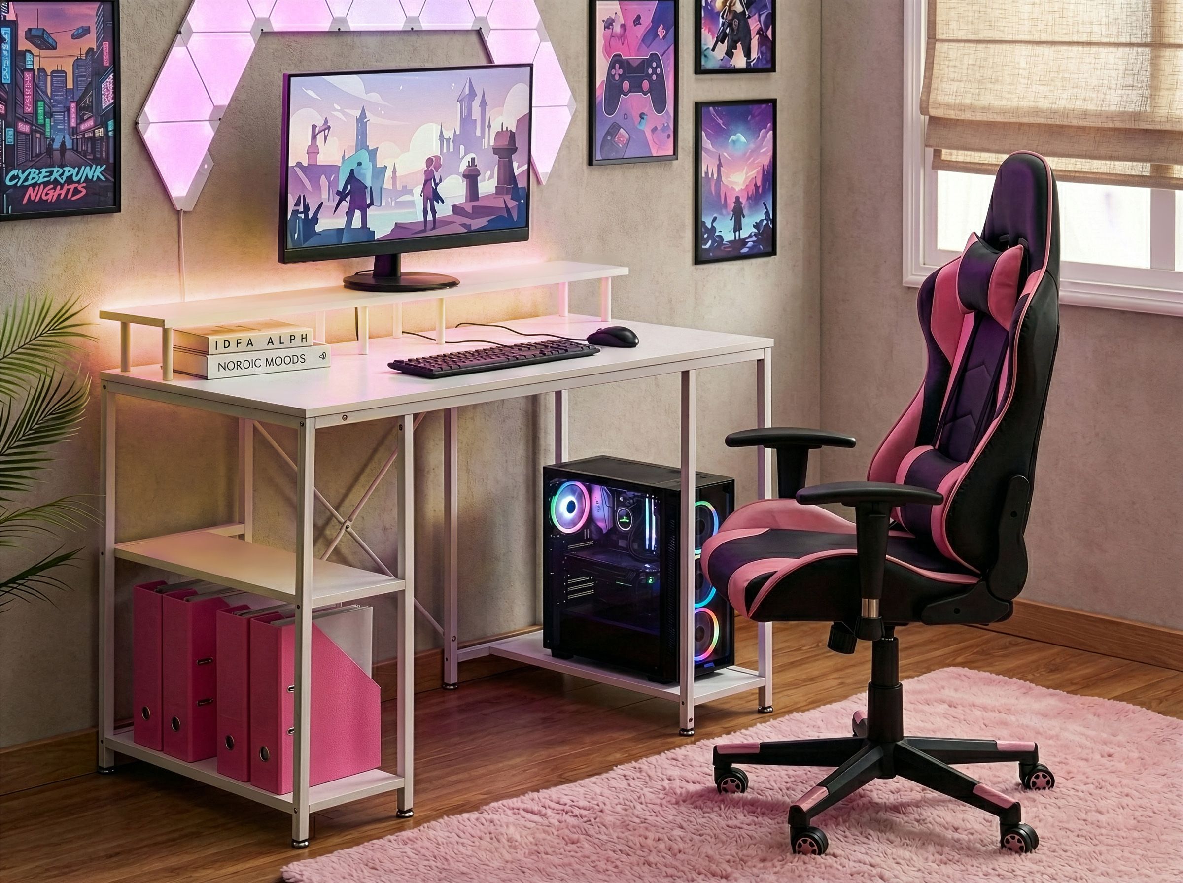 Gaming Desk CADDO White 120 cm 60 cm with Shelves LED